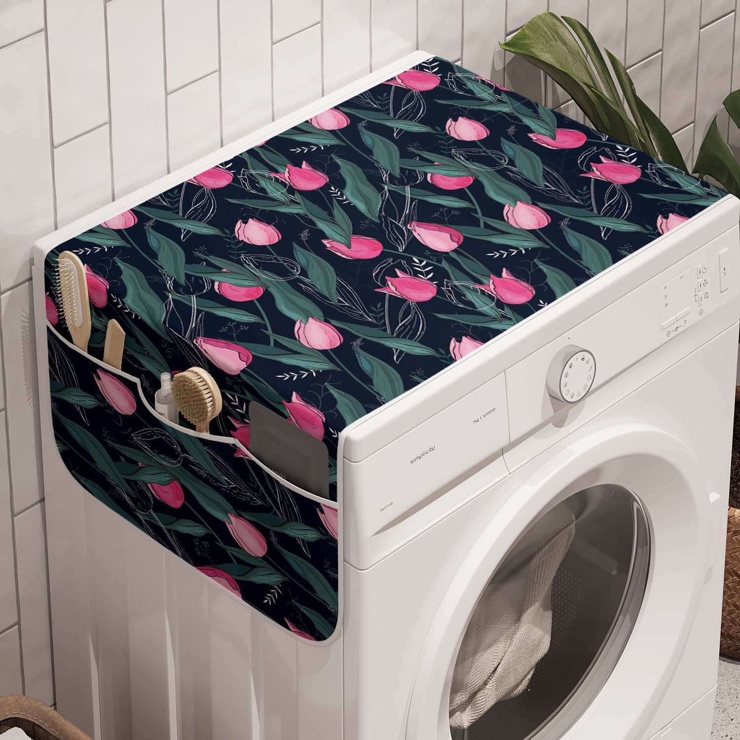 Abakuhaus Badorganizer Anti-Rutsch-Stoffabdeckung für Waschmaschine und Trockner, Marine-Blau Tulpe Blumen Zeichnen