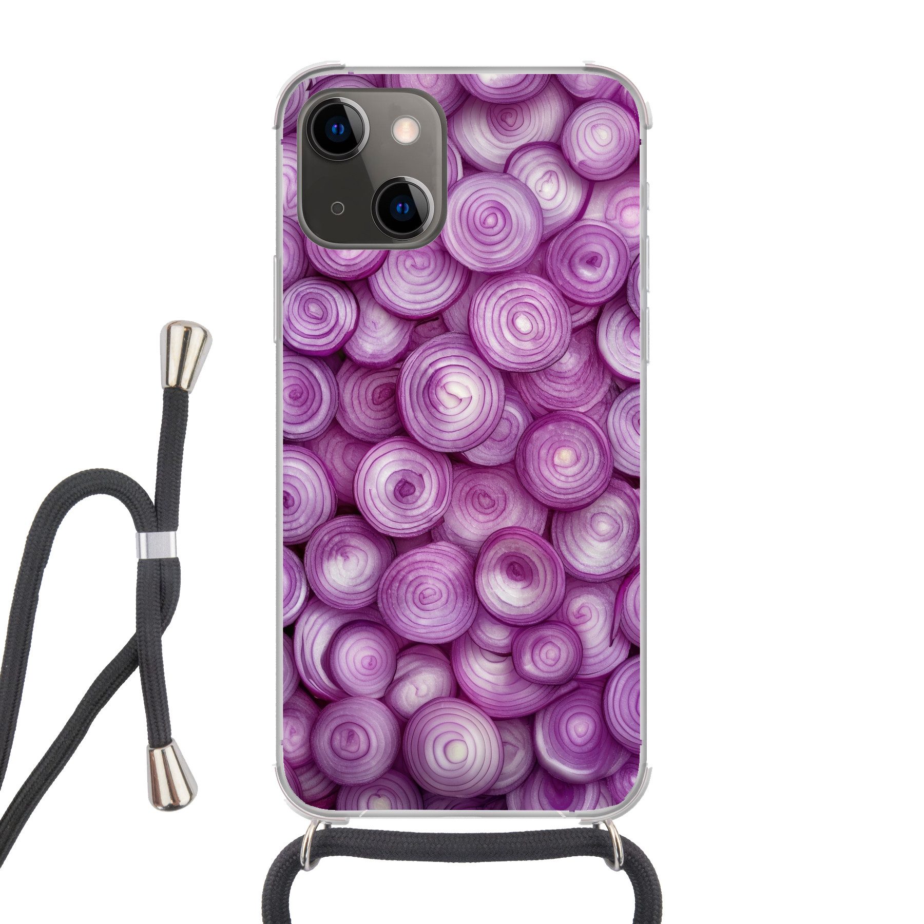 MuchoWow Handyhülle für Apple iPhone 13 Lila - Zwiebeln - Nahaufnahme, Tragbare Handyhüllen mit Kette zum umhängen, Handykette Handyband