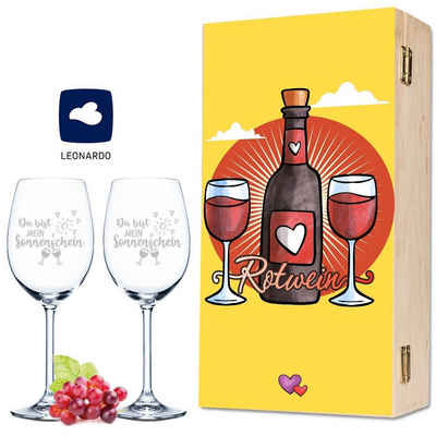 GRAVURZEILE Rotweinglas Leonardo Weingläsern inkl. Holzkiste - Sundowner Vino, Glas, graviertes Geschenk für Partner, Freunde & Familie