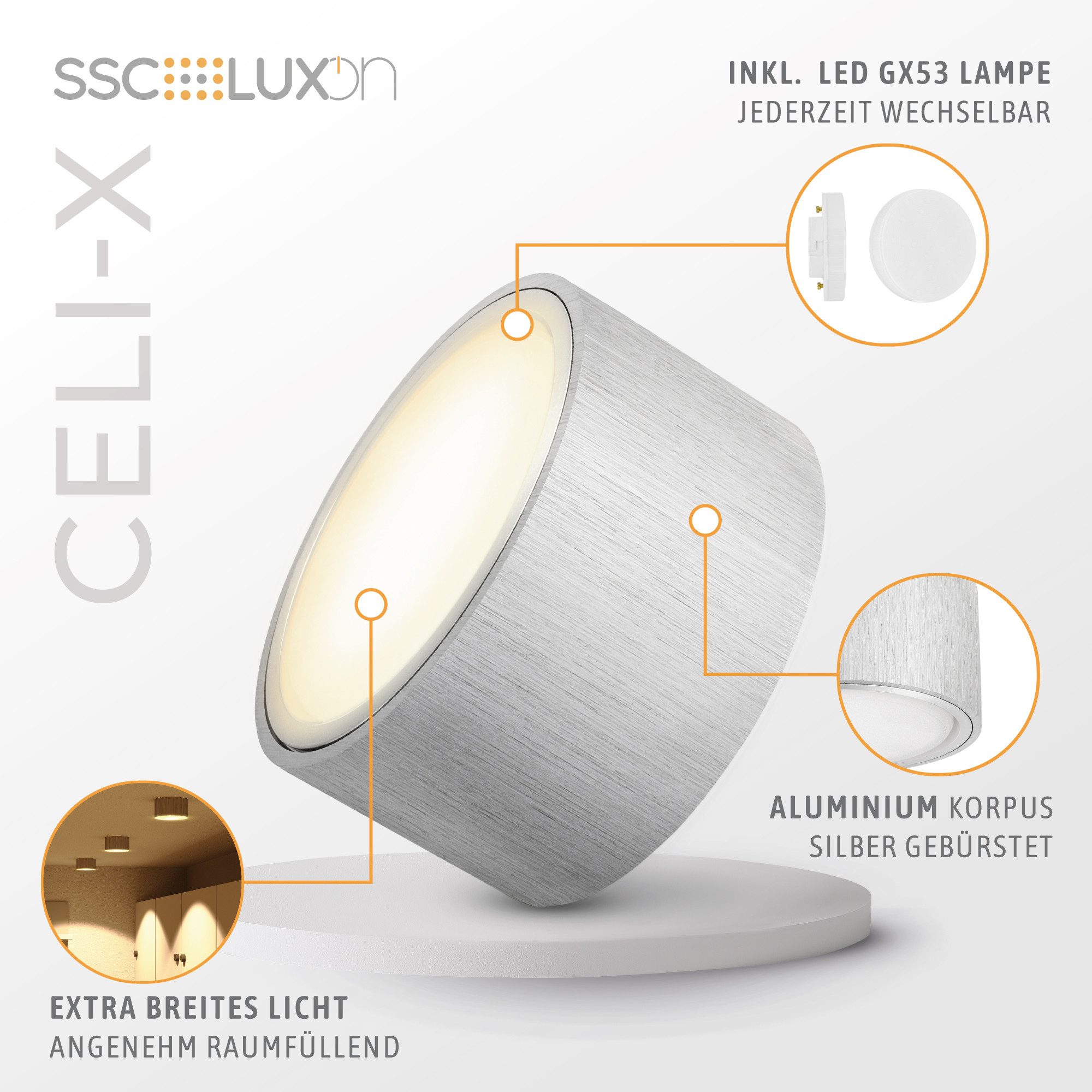 SSC-LUXon LED Aufbaustrahler Flacher LED Aufbaustrahler CELI-X 5W rund & Alu gebuerstet warmweiss, Warmweiß bis Tageslicht