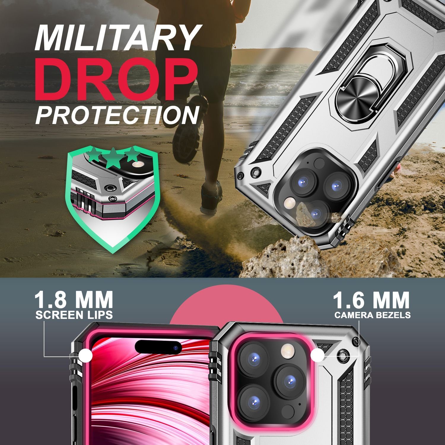 Nalia Smartphone-Hülle Apple iPhone 14 Pro Max 17 cm (6,7 Zoll), Stoßfeste Military-Style Ring Hülle / Extrem Schützend / Outdoor Case