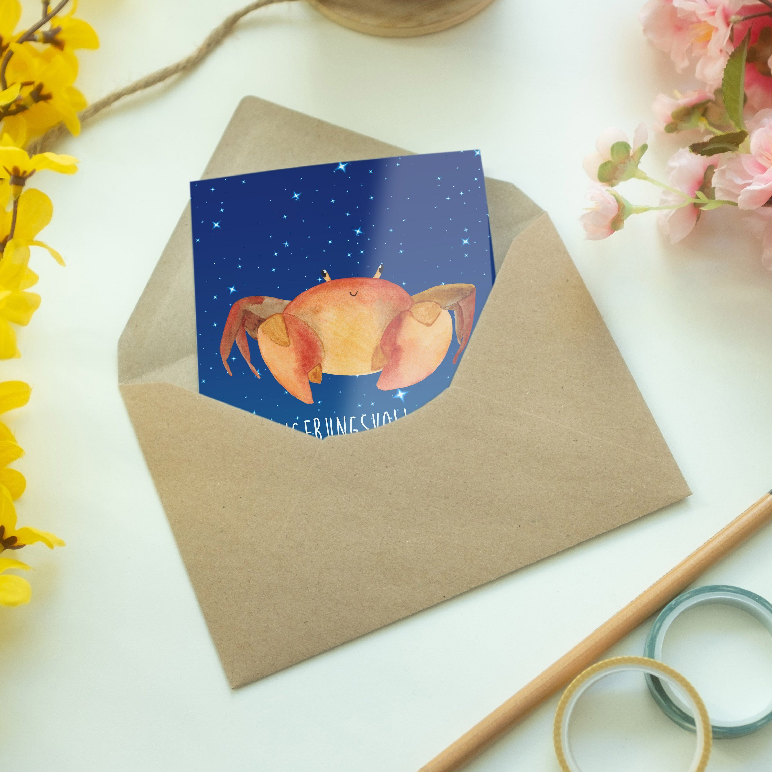Mr. & Mrs. Panda Grußkarte Geburtstagskarte - Geschenk, Sternenhimmel Krebs - Sternzeichen Blau