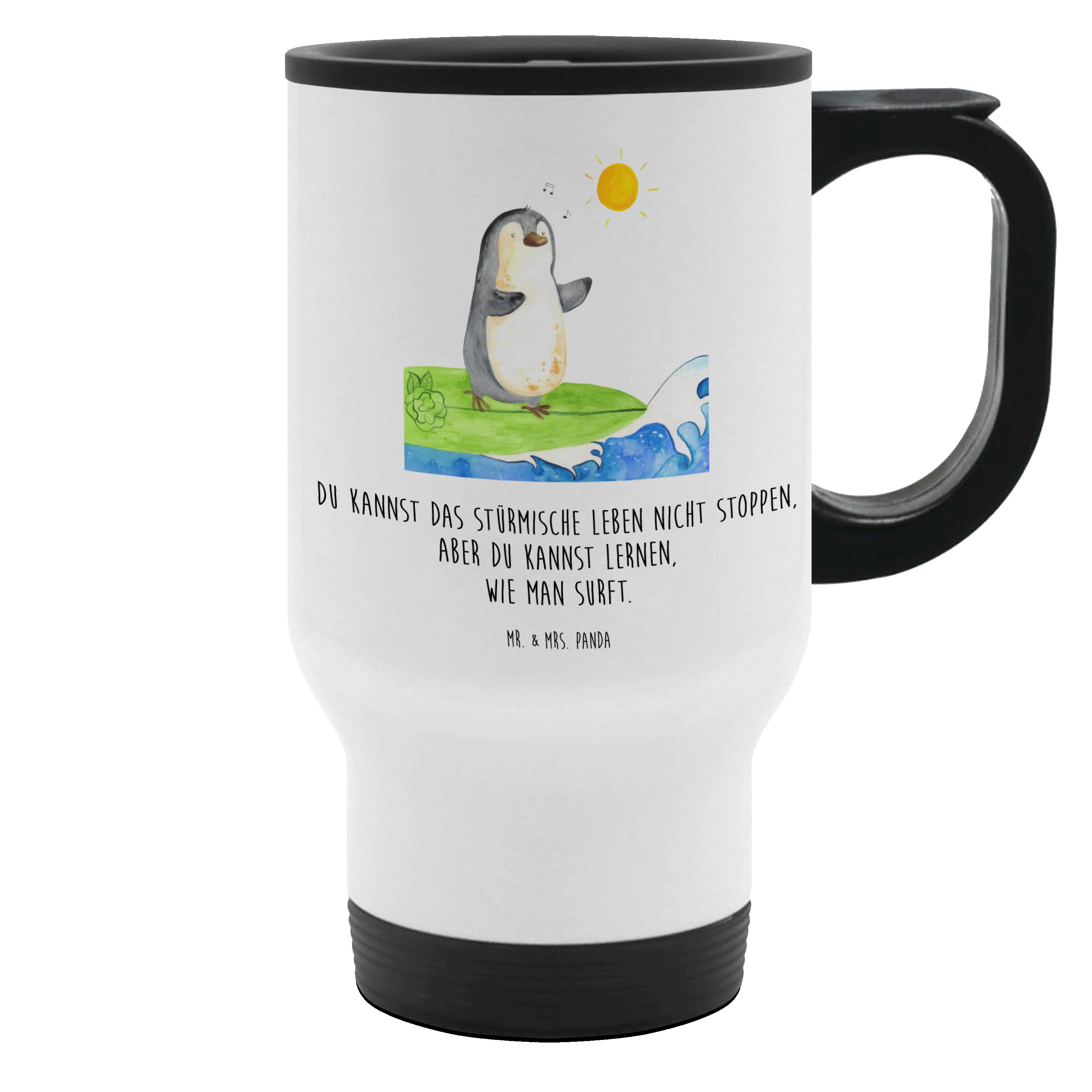 Mr. & Mrs. Panda Thermobecher Pinguin Surfer, thermosbecher, Weiß, Thermobecher, Kaffeebecher To Go, Edelstahl, Thermobecher Doppelwandig Hawaii Camping Becher
