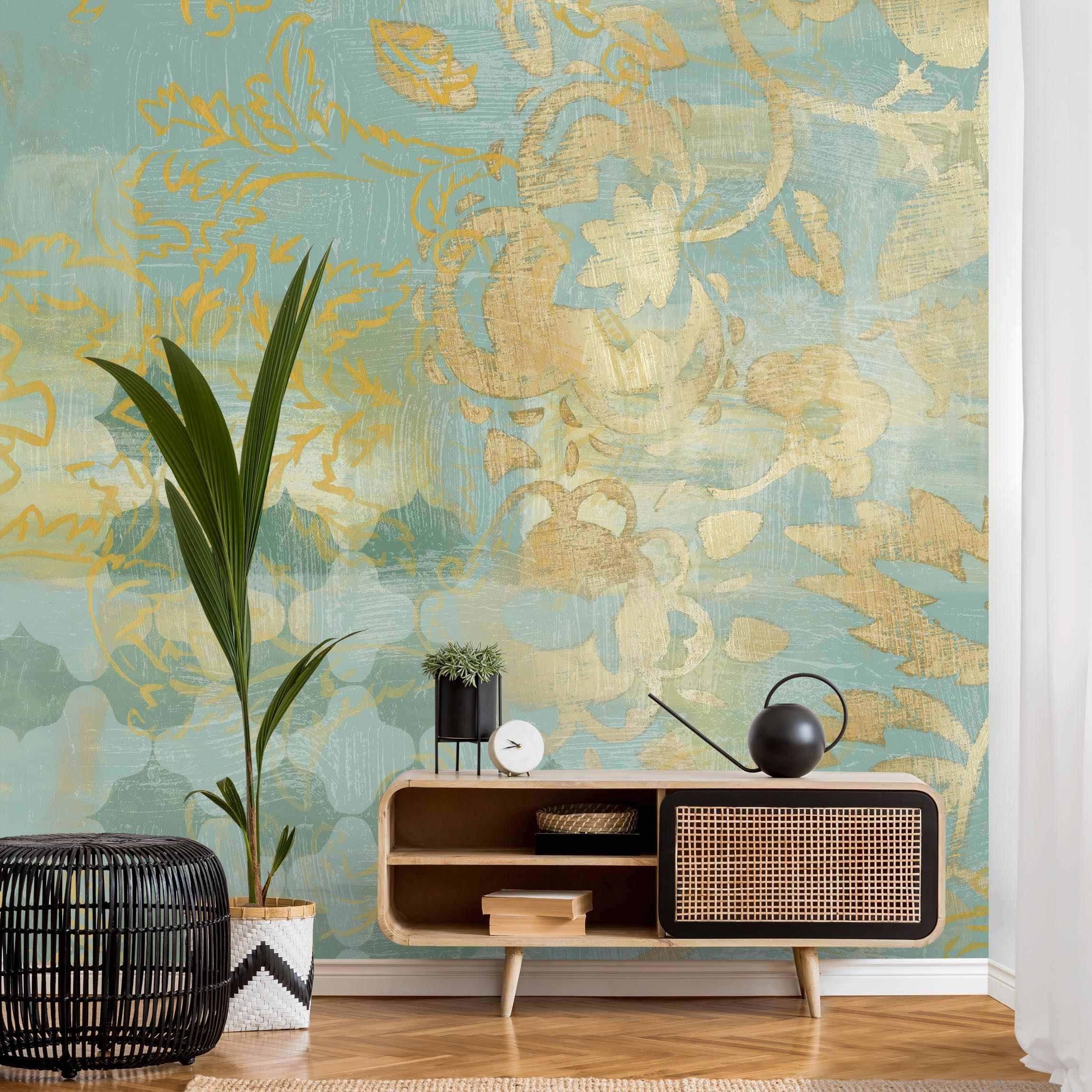 Bilderdepot24 Vliestapete Vintage Marokkanische Collage Gold Türkis Orientalisch Floral Ranke, Glatt, Matt, (Vliestapete inkl. Kleister oder selbstklebend), Wohnzimmer Schlafzimmer Küche Flur Fototapete Motivtapete Wandtapete