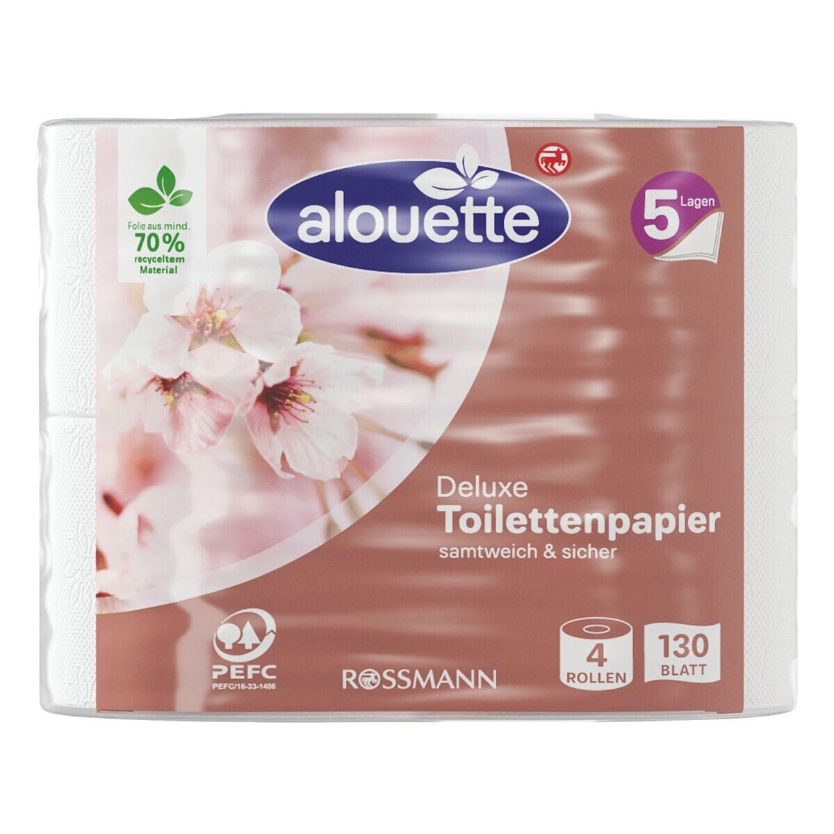alouette Toilettenpapier Deluxe (4-St), 5-lagig, weiß, geprägt & perforiert, parfümfrei, 130 Blatt/Rolle