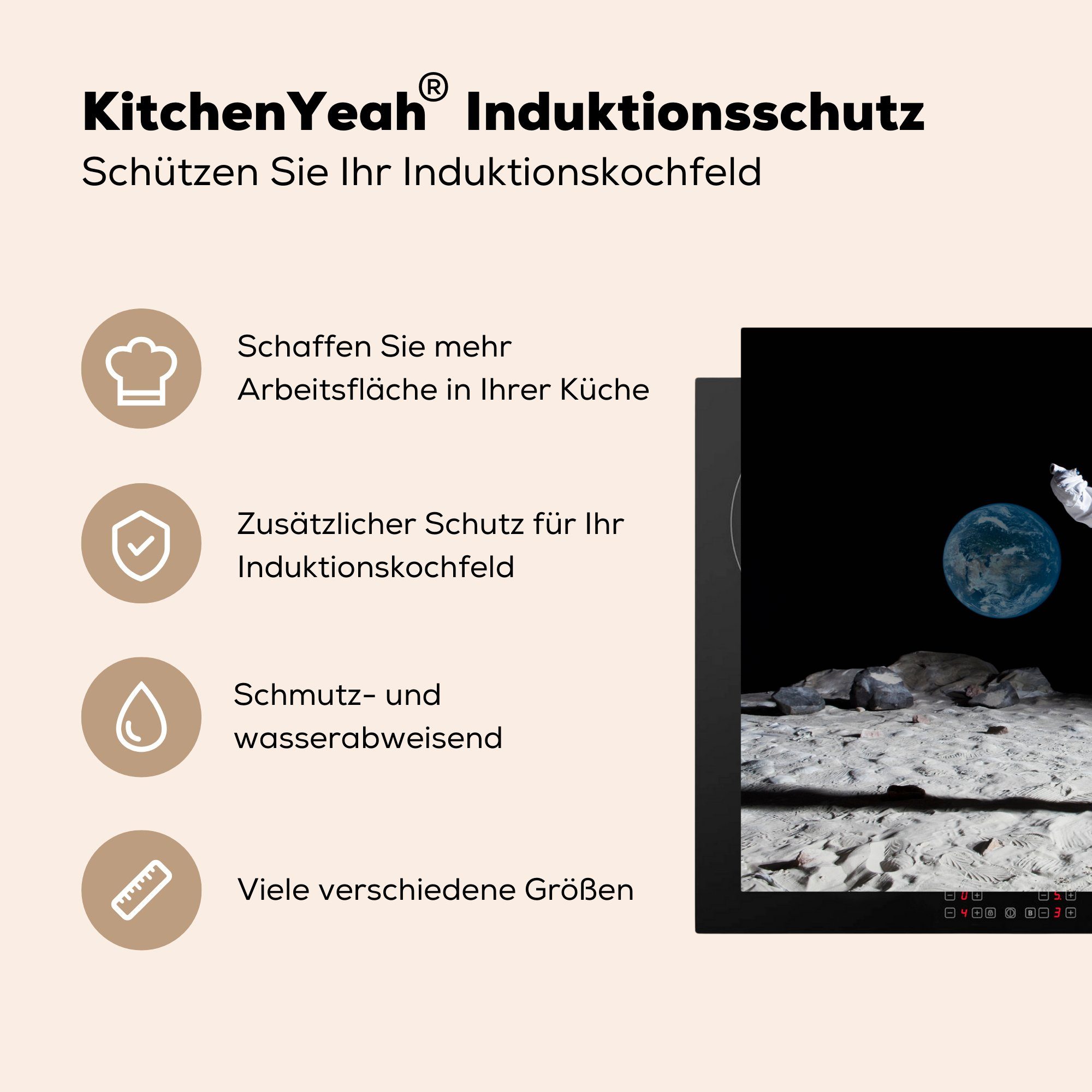 (1 für Herdblende-/Abdeckplatte MuchoWow - Schutz küche, 81x52 cm, die Ceranfeldabdeckung - Induktionskochfeld Astronaut Mond, tlg), Vinyl, Erde