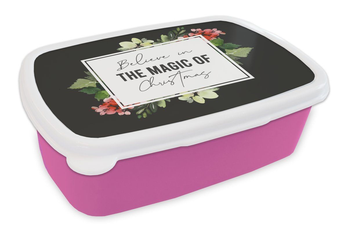MuchoWow Lunchbox Zitat - Weihnachten - Magie, Kunststoff, (2-tlg), Brotbox für Erwachsene, Brotdose Kinder, Snackbox, Mädchen, Kunststoff rosa