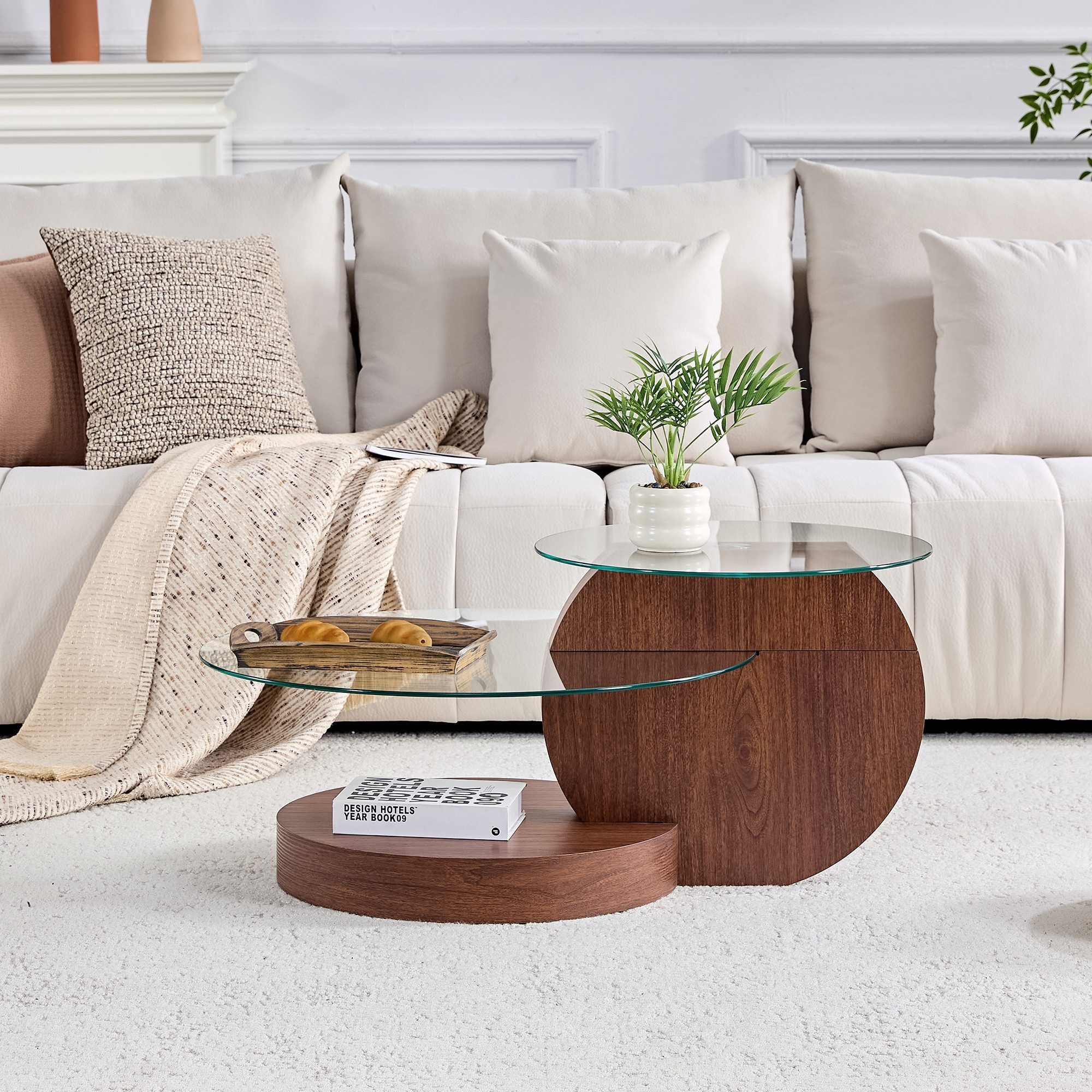 gopop Couchtisch 2er Set, Rundes Glas-Beistelltisch Wohnzimmertisch mit Stauraum, 6 mm Hartglasplatten, MDF-Basis, 90x70 cm