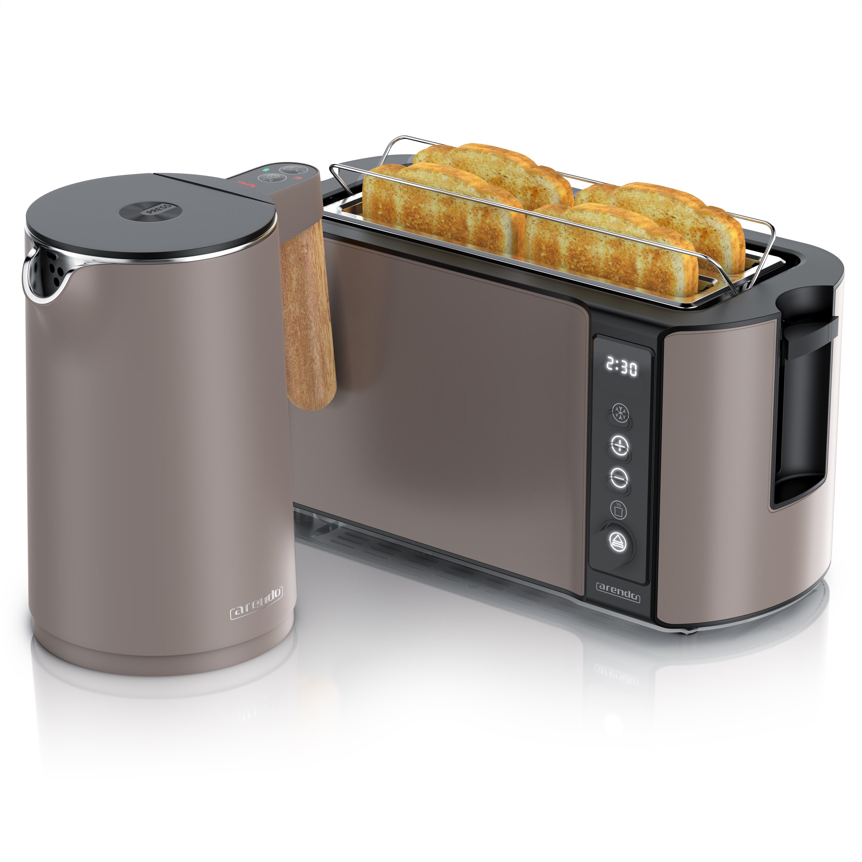 Arendo Frühstücks-Set Edelstahl Wasserkocher 1,5l, 4-Scheiben Langschlitz Toaster, taupe (2-tlg), Wasserkocher mit Temperatureinstellung, Toaster Brötchenaufsatz, Touch