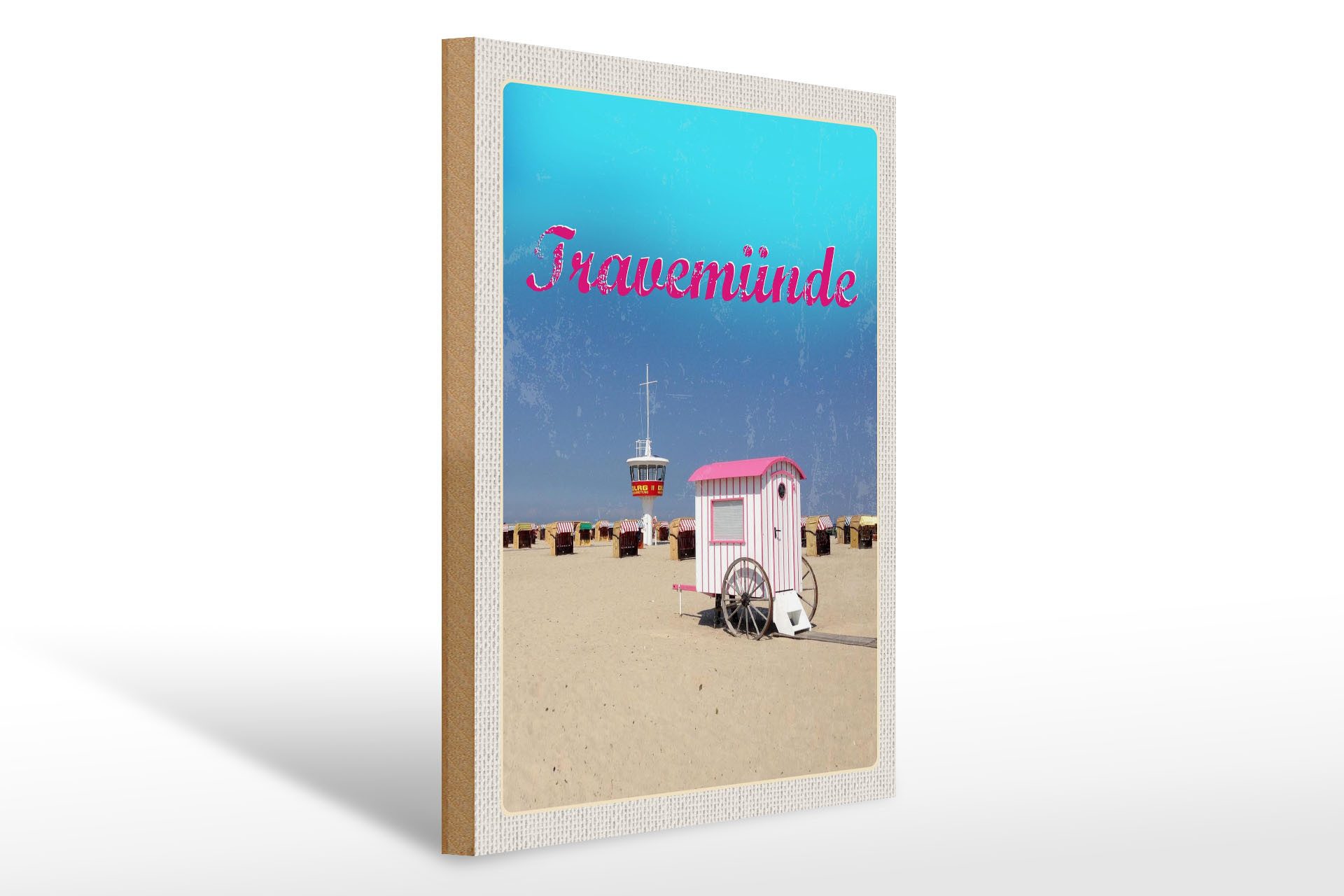 Holzbild Reise 30x40cm Travemünde Strand Rettungsturm