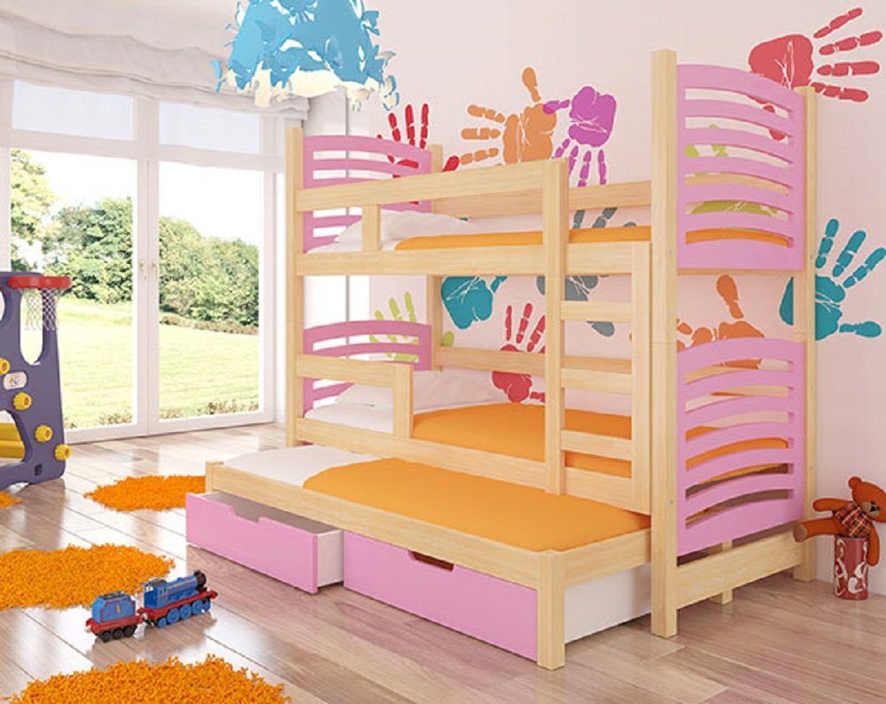 Feldmann-Wohnen Hochbett SORIA (Etagenbett mit 3 Schlafgelegenheiten) Farbe wählbar Kiefer Natur / Absetzungen: rosa