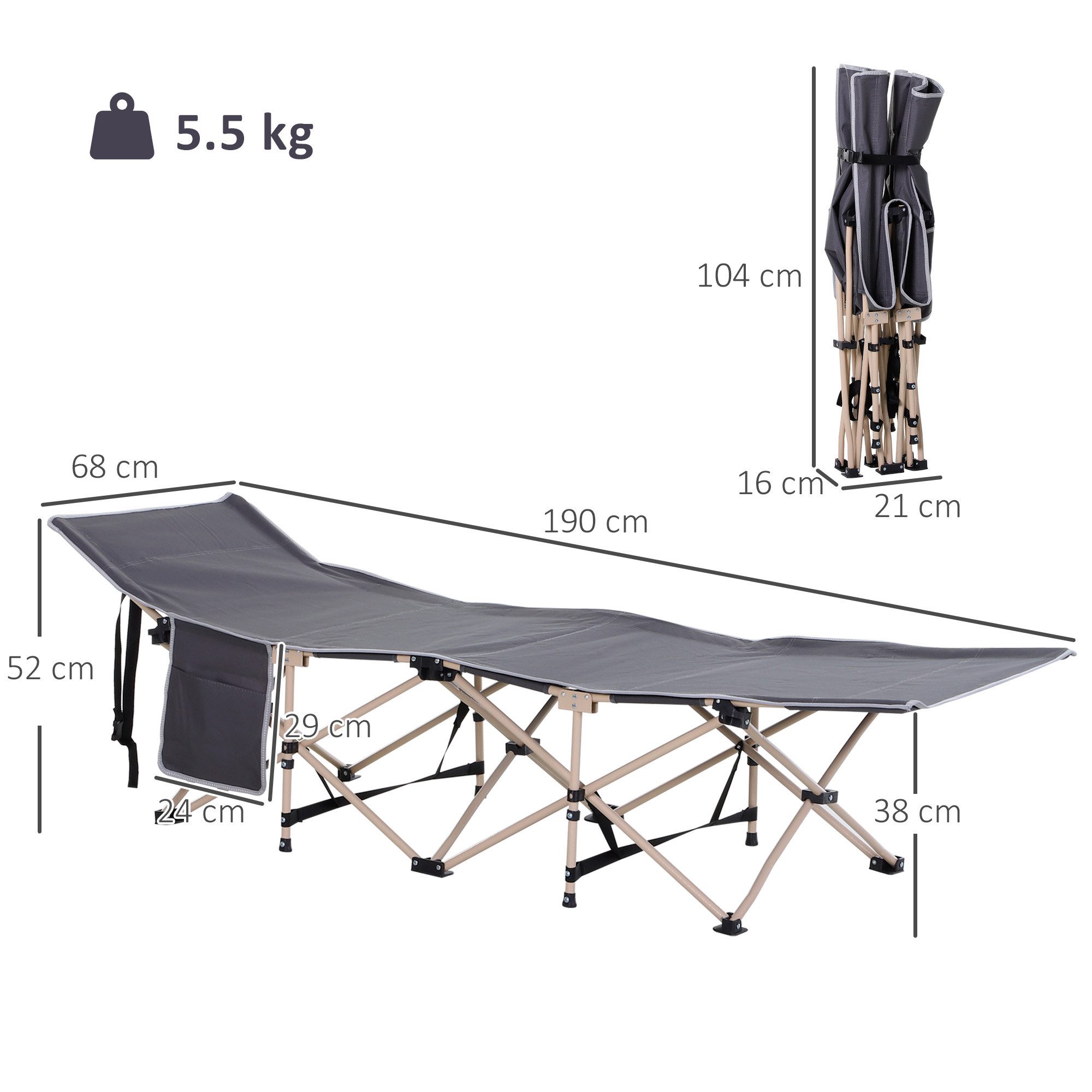 Outsunny Feldbett faltbar mit Tragetasche bis 150 kg Klappbett für Camping (Campingbett, 1-St., Campingliege) für Garten, Balkon, Grau
