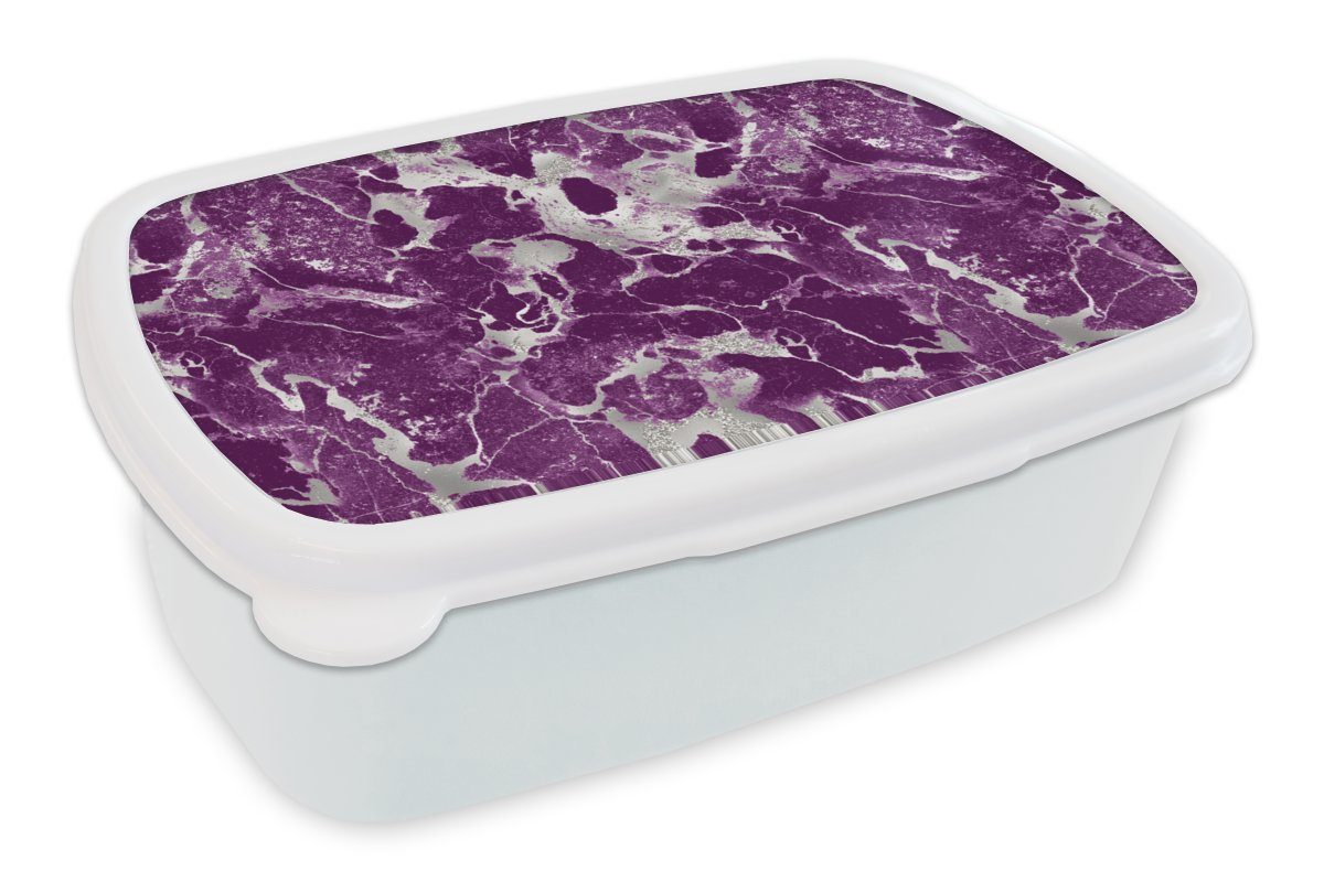 MuchoWow Lunchbox Marmor - Glitter - Lila - Muster, Kunststoff, (2-tlg), Brotbox für Kinder und Erwachsene, Brotdose, für Jungs und Mädchen weiß