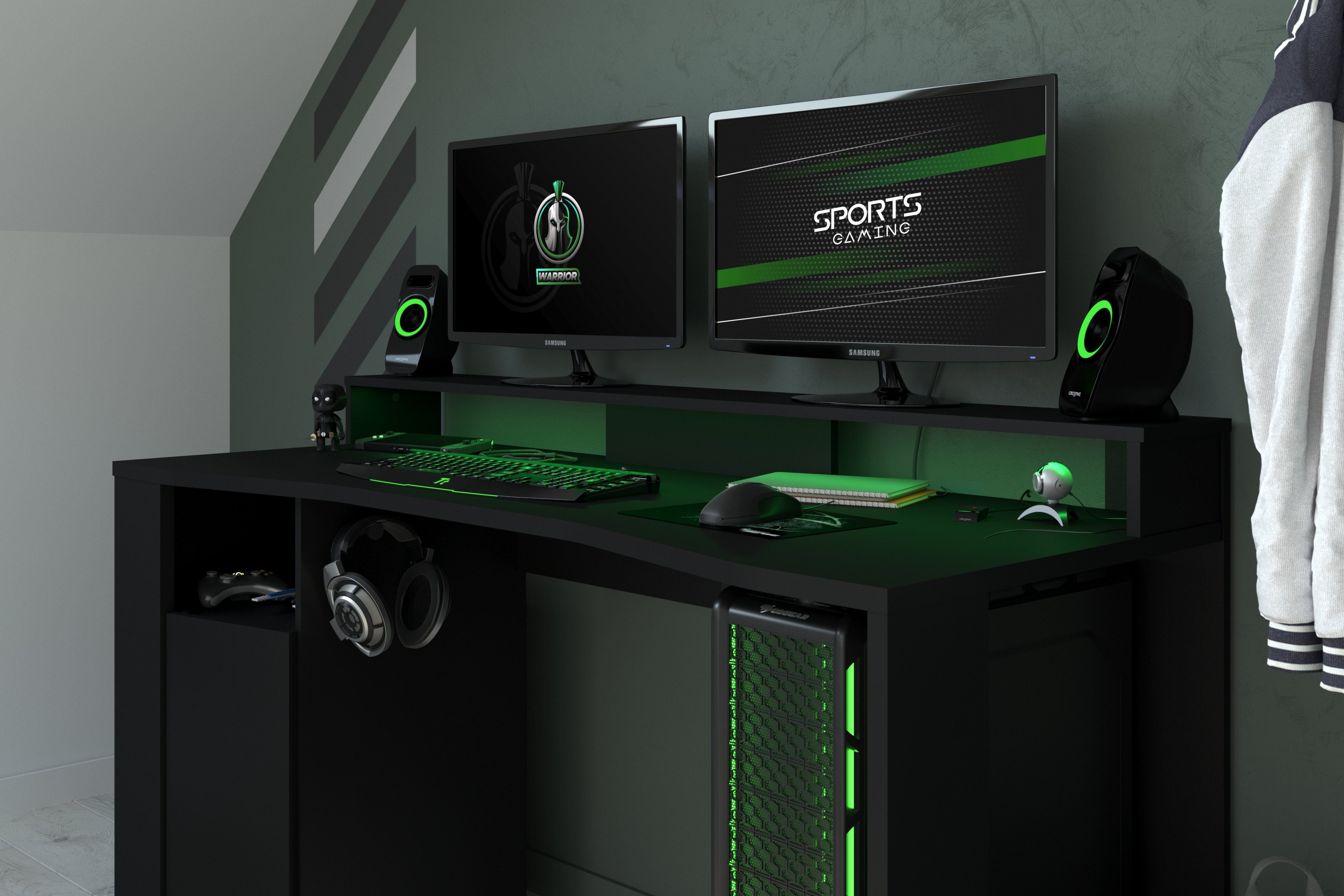 Parisot Gamingtisch Gaming in Schwarz (Komplett Set, 3-St., Komplett Set), LED Beleuchtung, Aufhängung für Kopfhörer