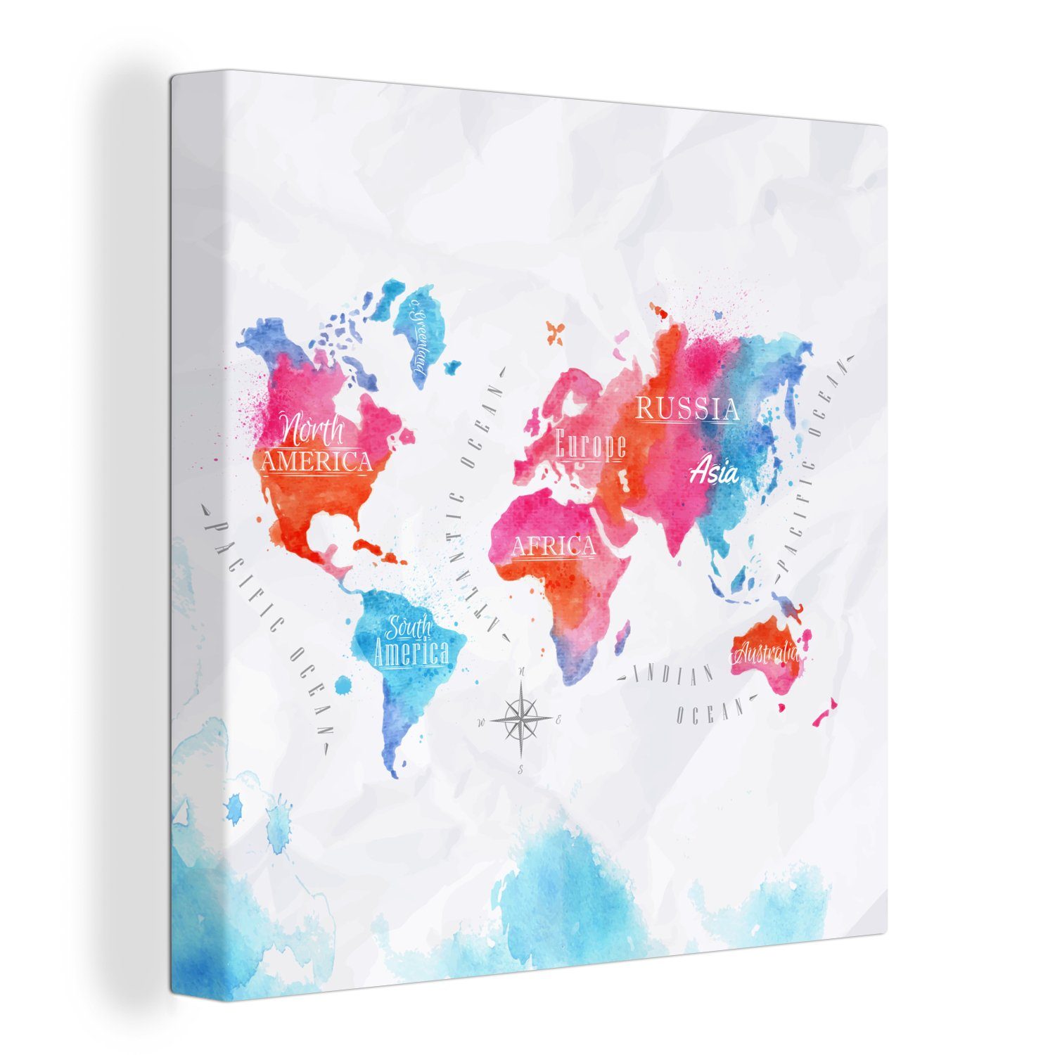 OneMillionCanvasses® Leinwandbild Weltkarte - Farben - Aquarellfarben, (1 St), Leinwand Bilder für Wohnzimmer Schlafzimmer