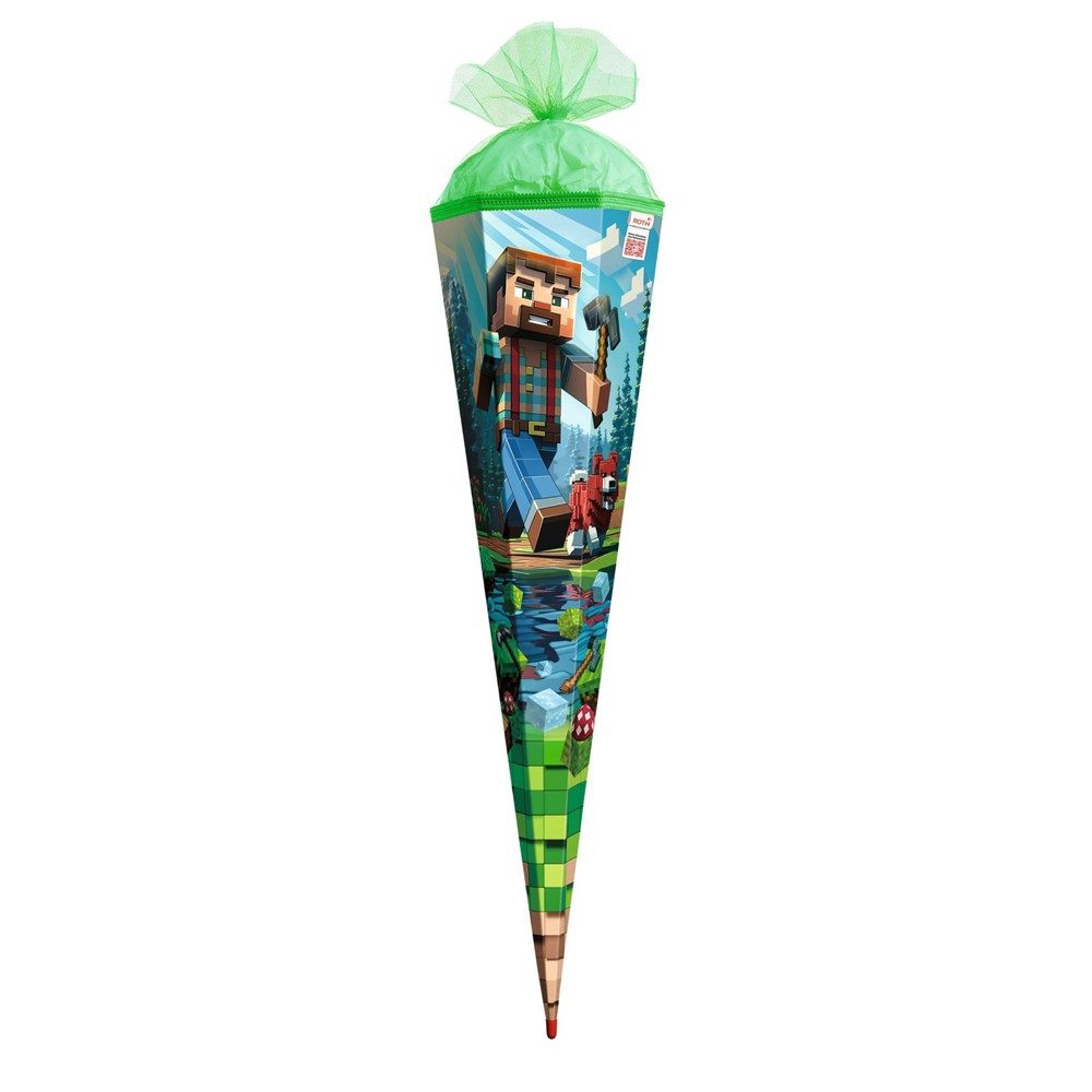 Roth Schultüte Motivschultüte Block Game, 100 cm große Zuckertüte zur Einschulung, Pixelwelt, XXL-Format, grüner Tüll, stabile ROT(H)-Spitze, Schulstart