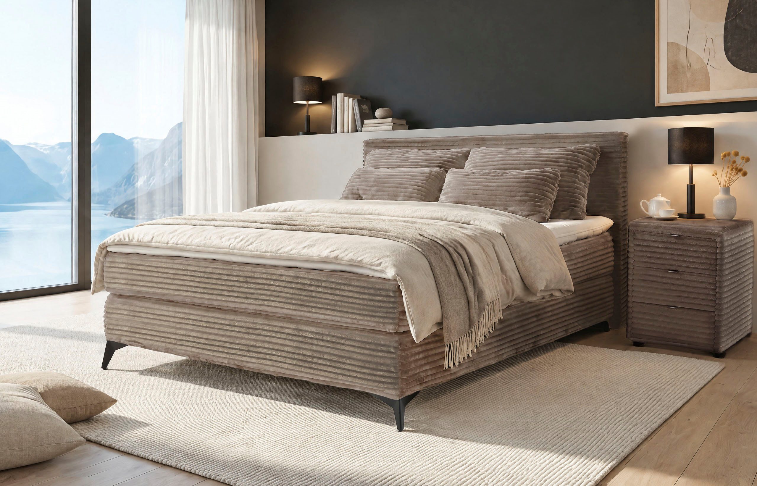 Jockenhöfer Gruppe Boxspringbett PAULINA inkl. Bonnell- oder Tonnentaschenfederkernmatratze H2-H4 (kuscheliger Breitcord), mit 6cm PUR- oder Kaltschaumtopper, 140x200 cm / 180x200cm