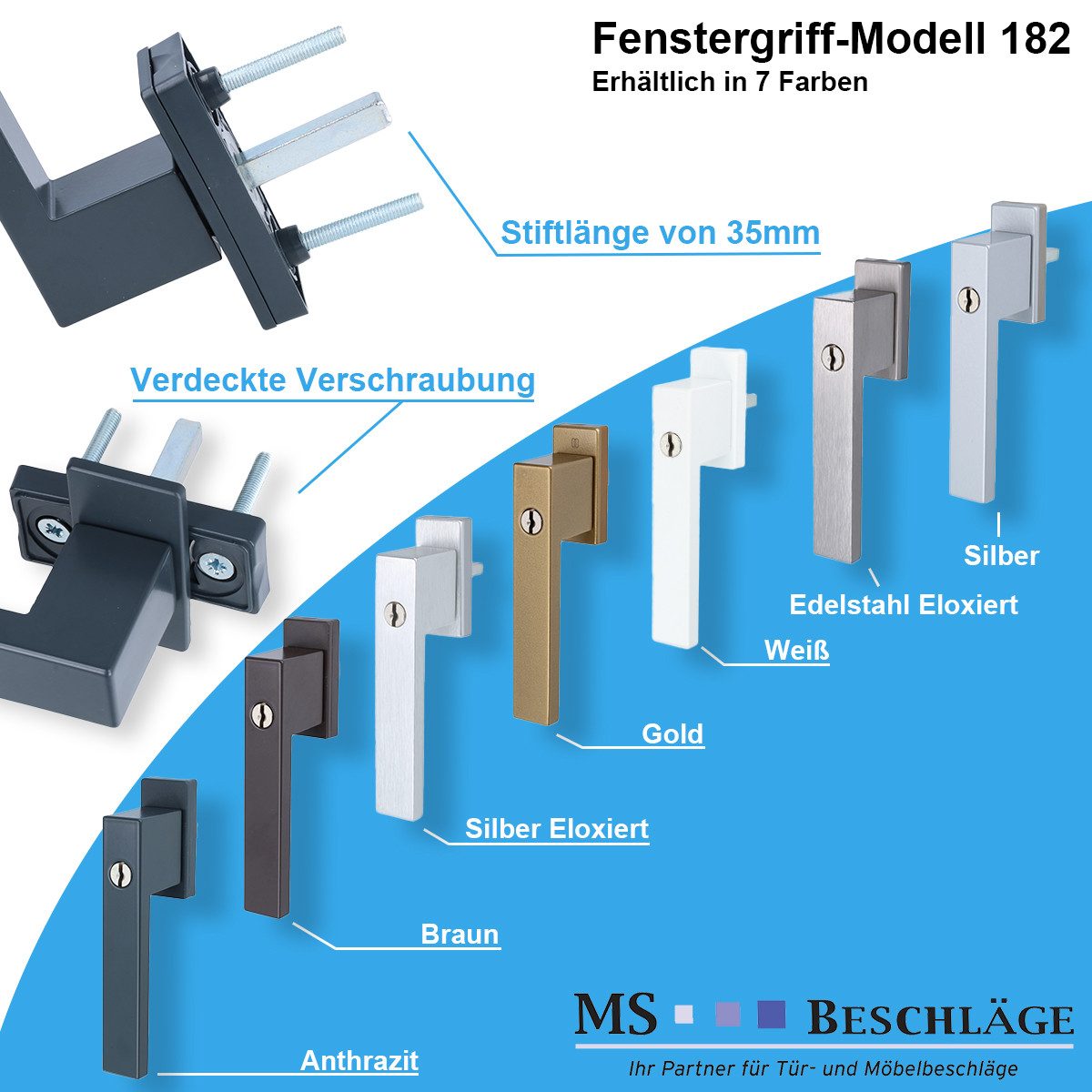 MS Beschläge Fenstergriff Fenstergriff abschließbar Fensterbeschlag 7x35mm, Silber