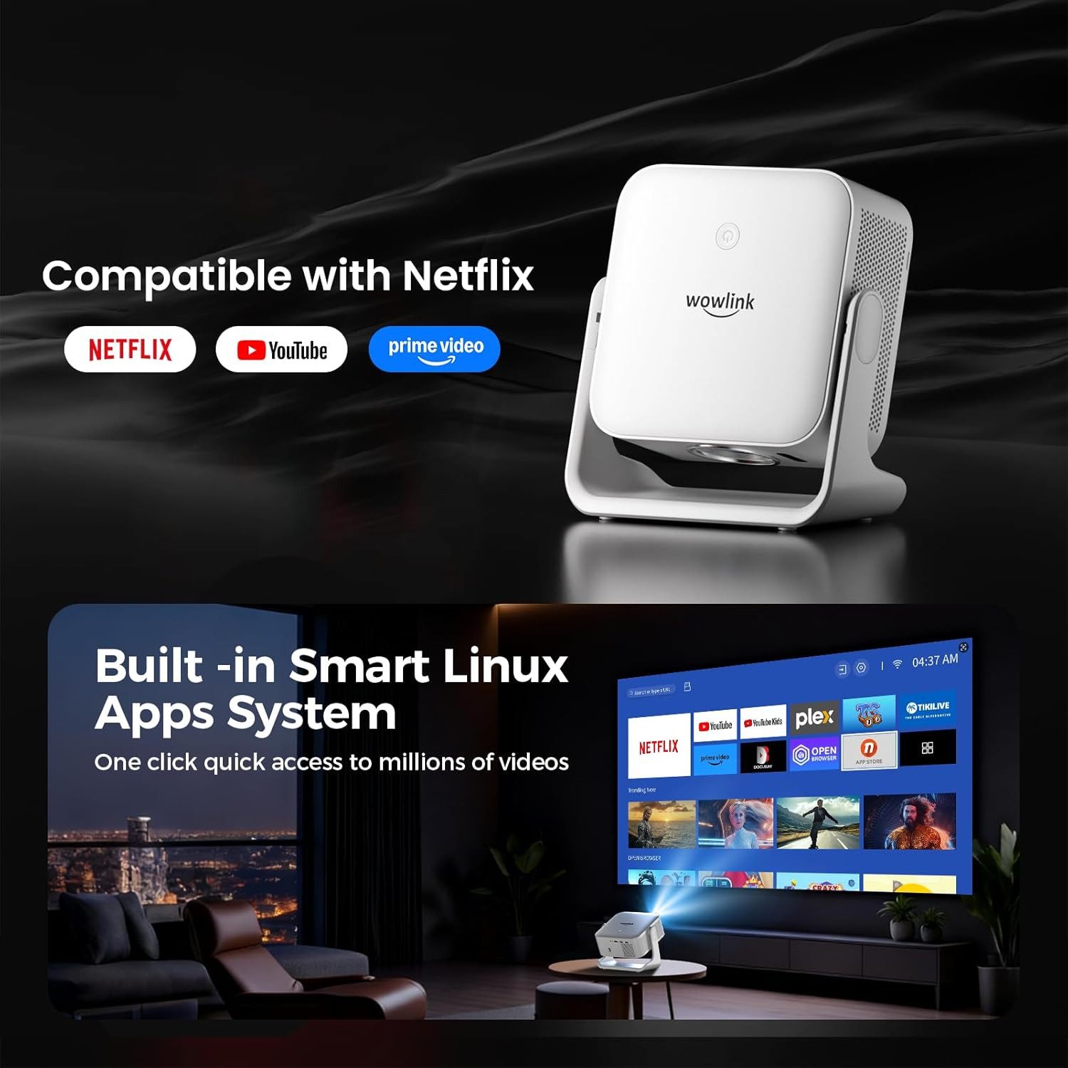 wowlink [Smart TV OS & HDR10+ & 3D Sound] 4K Beamer mit WiFi 6 Beamer (580 lm, 20000:1, 4K px, Bluetooth 5.4, Built-in Smart OS & Apps & Auto Focus & Keystone) weiß
