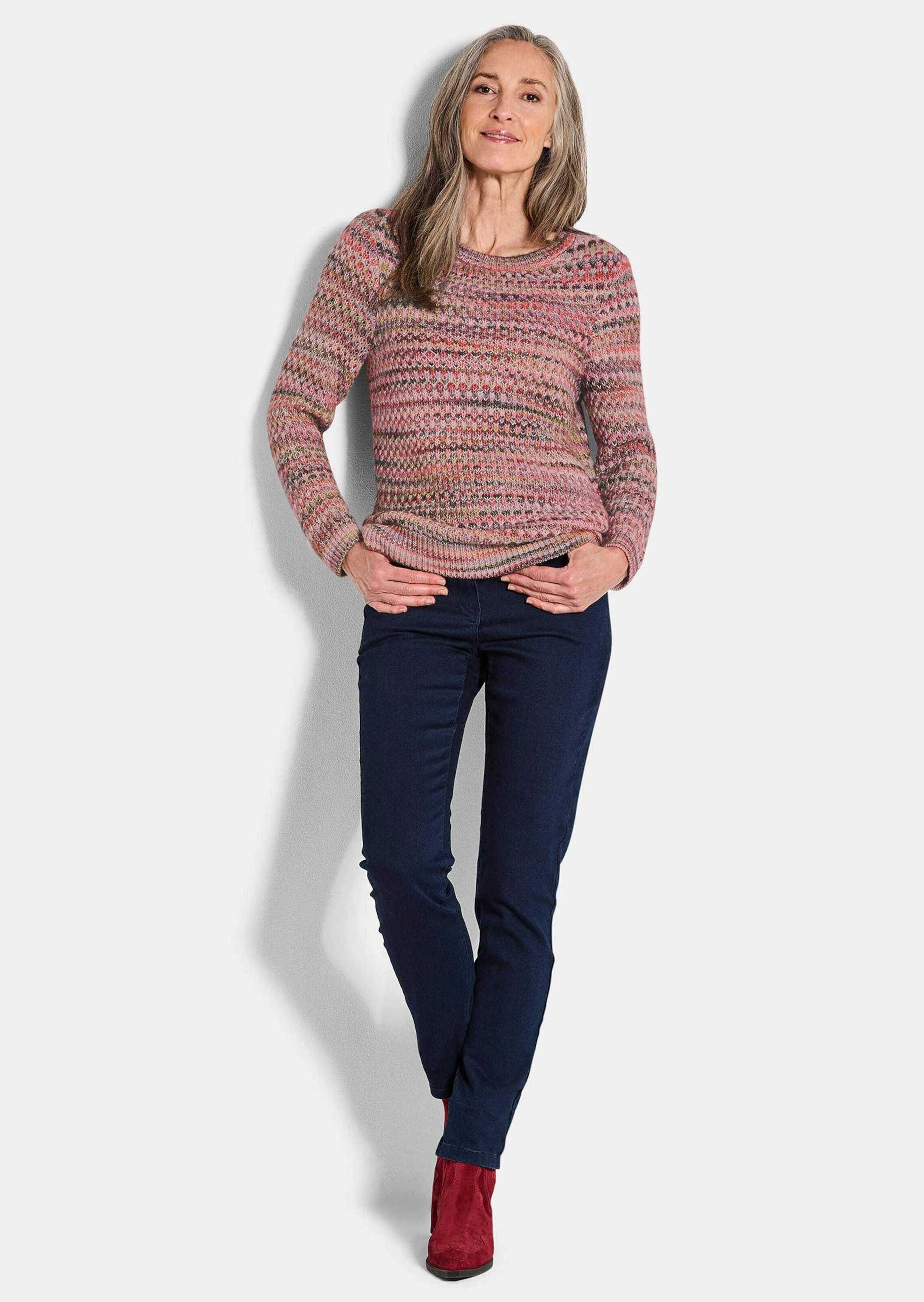 GOLDNER Strickpullover Baumwoll-Pullover in Multicolor Hüftumspielender Pullover mit U-Boot-Ausschnitt, Langarm