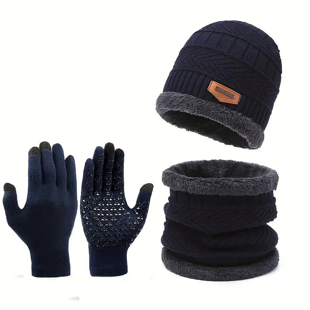 &Handschuhe Mütze Beanie Winter, Mütze Warmes Gefüttert Bommelmütze & Blau Schal Creation Set Selef