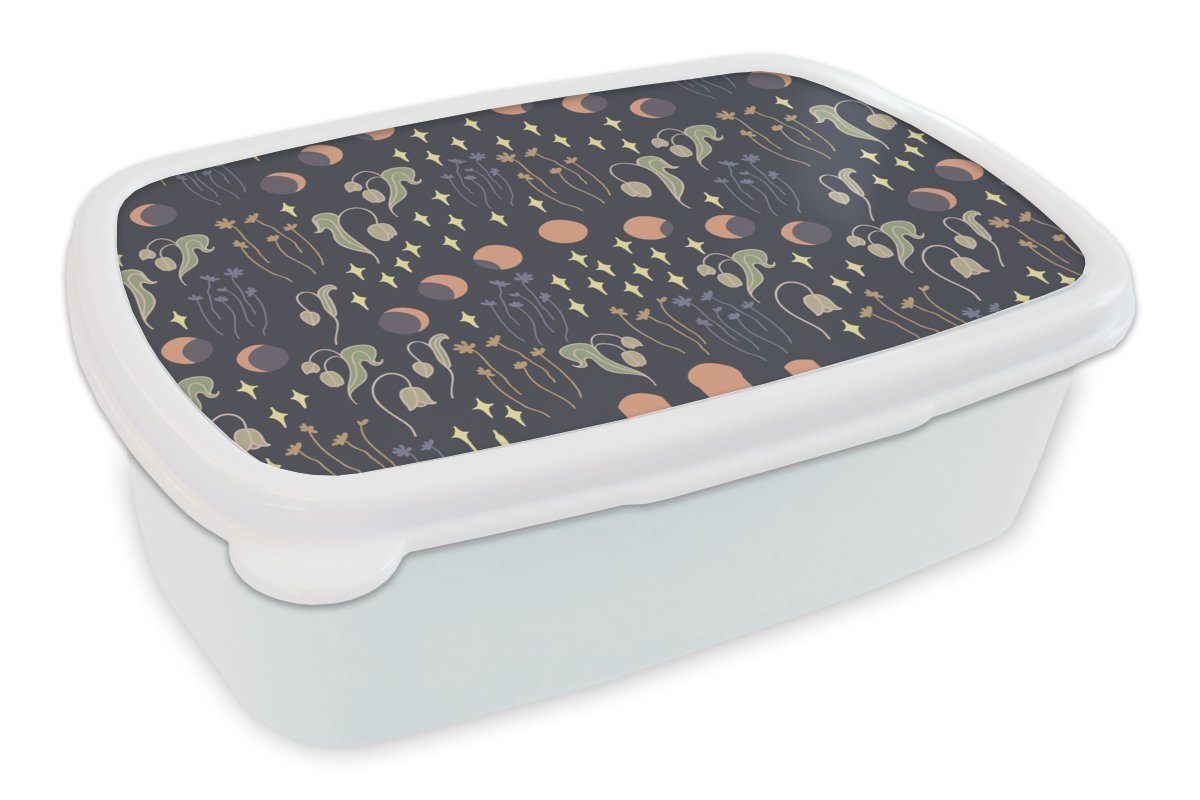 MuchoWow Lunchbox Weltraum - Mond - Sterne - Blumen - Muster, Kunststoff, (2-tlg), Brotbox für Kinder und Erwachsene, Brotdose, für Jungs und Mädchen weiß