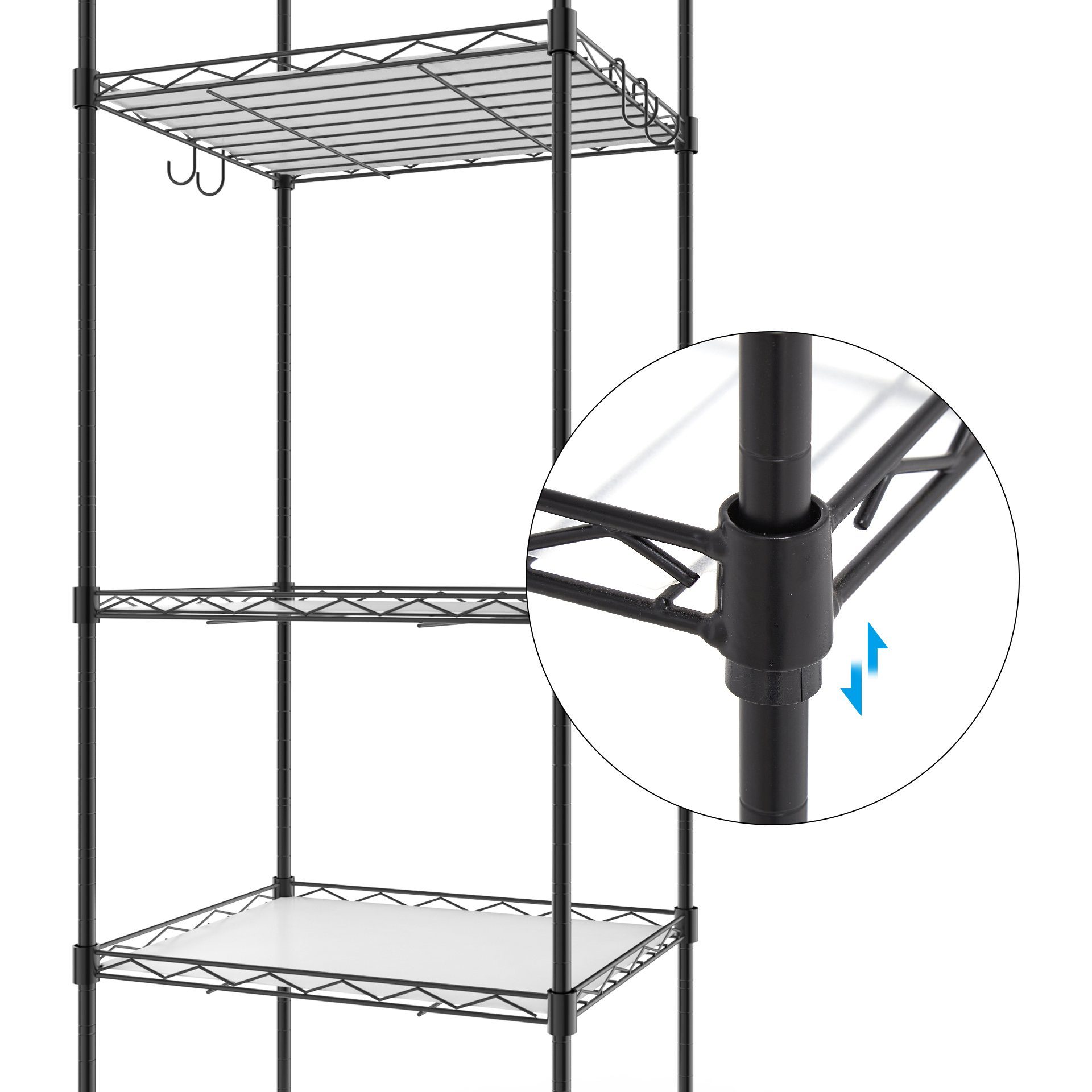 Mondeer Regal Aufbewahrungsregal, 5-Stufiges, mit 8-Haken und 4-Rädern, PP-Trennwand, bis 100 kg – Bild 3 von 5