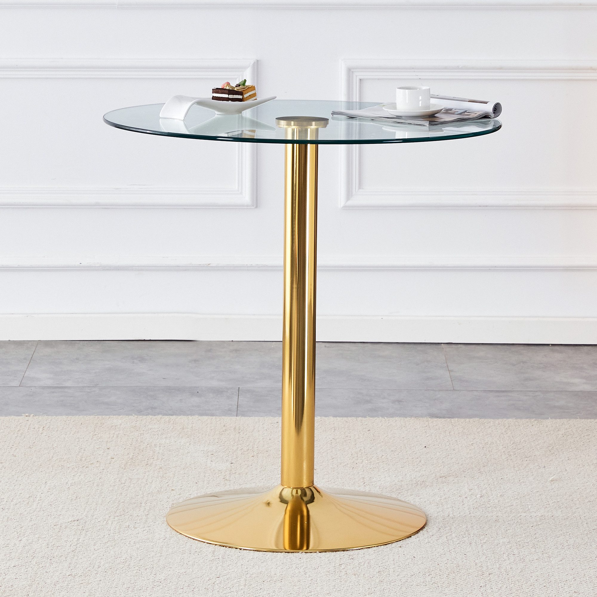 HAUSS SPOLE Esstisch Rund Glasbalkentisch mit Metallbasis,Wohnzimmertisch Küchentisch Gold (Glastisch mit einem Durchmesser von 89 cm, mit einer goldfarbenen Metallbasis), Einfach zu reinigen und zu pflegen