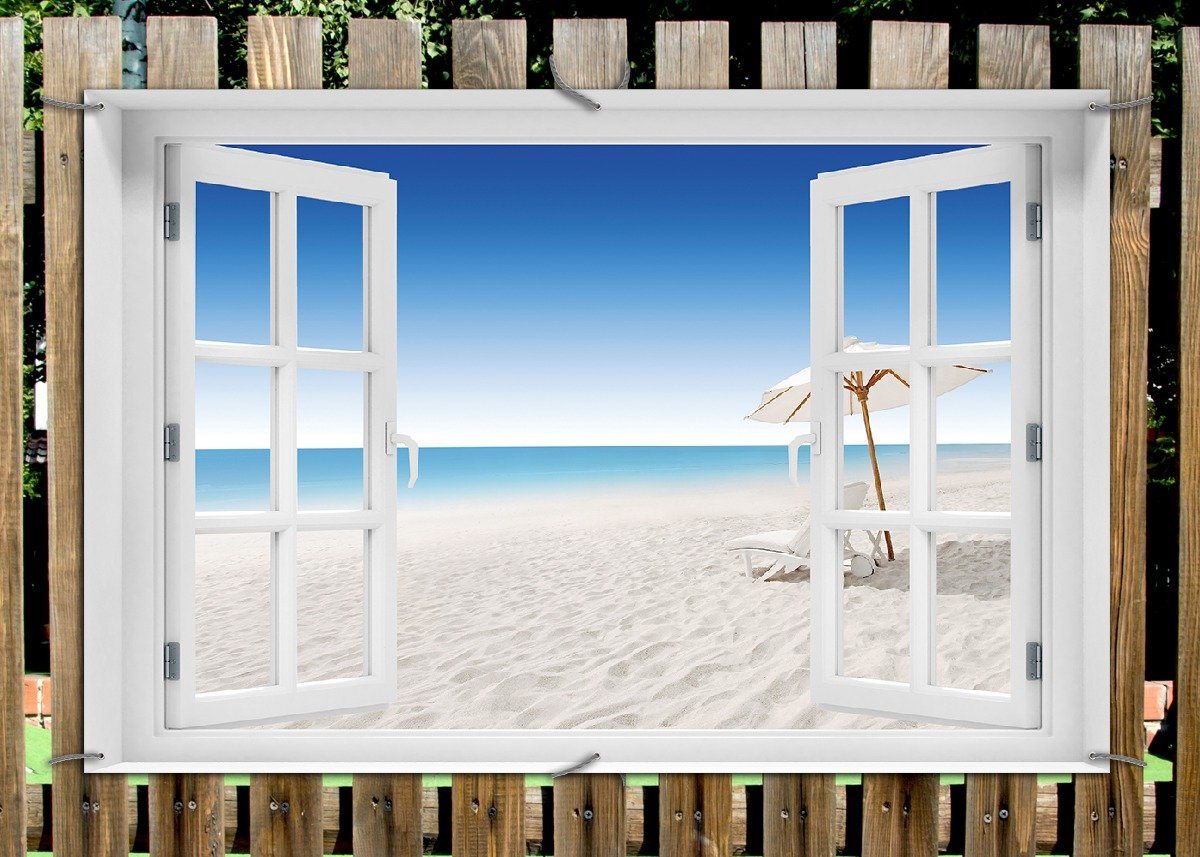 Thumbnail - Wallario Sichtschutzzaunmatten Sonnenliege am weißen Strand unter blauem Himmel, mit Fenster-Illusion