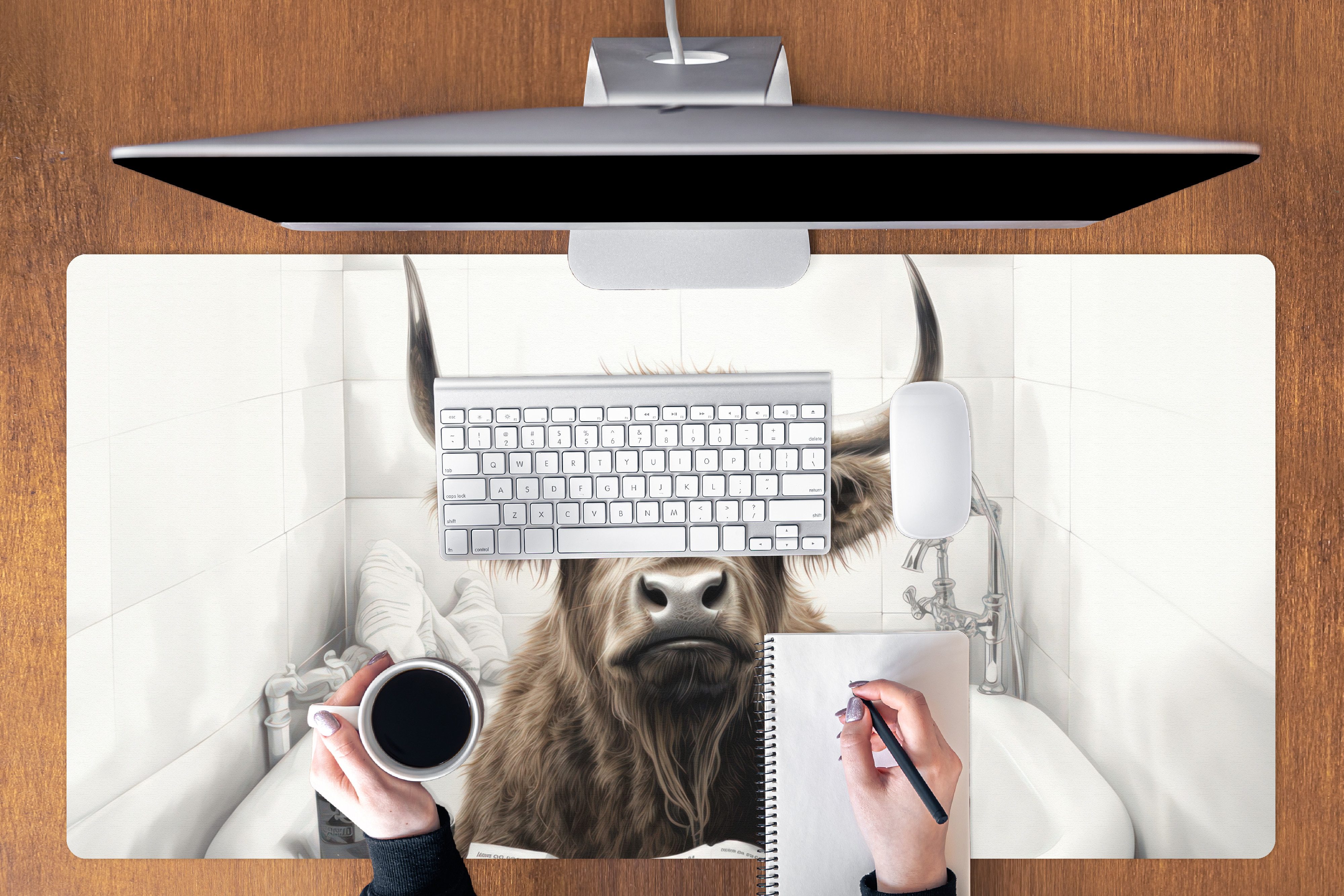 MuchoWow Mauspad Schottischer Highlander - Badewanne - Badezimmer - Zeitung (1-St), Mousepad mit Rutschfester Unterseite, Gaming XXL, Großes, 120x60 cm