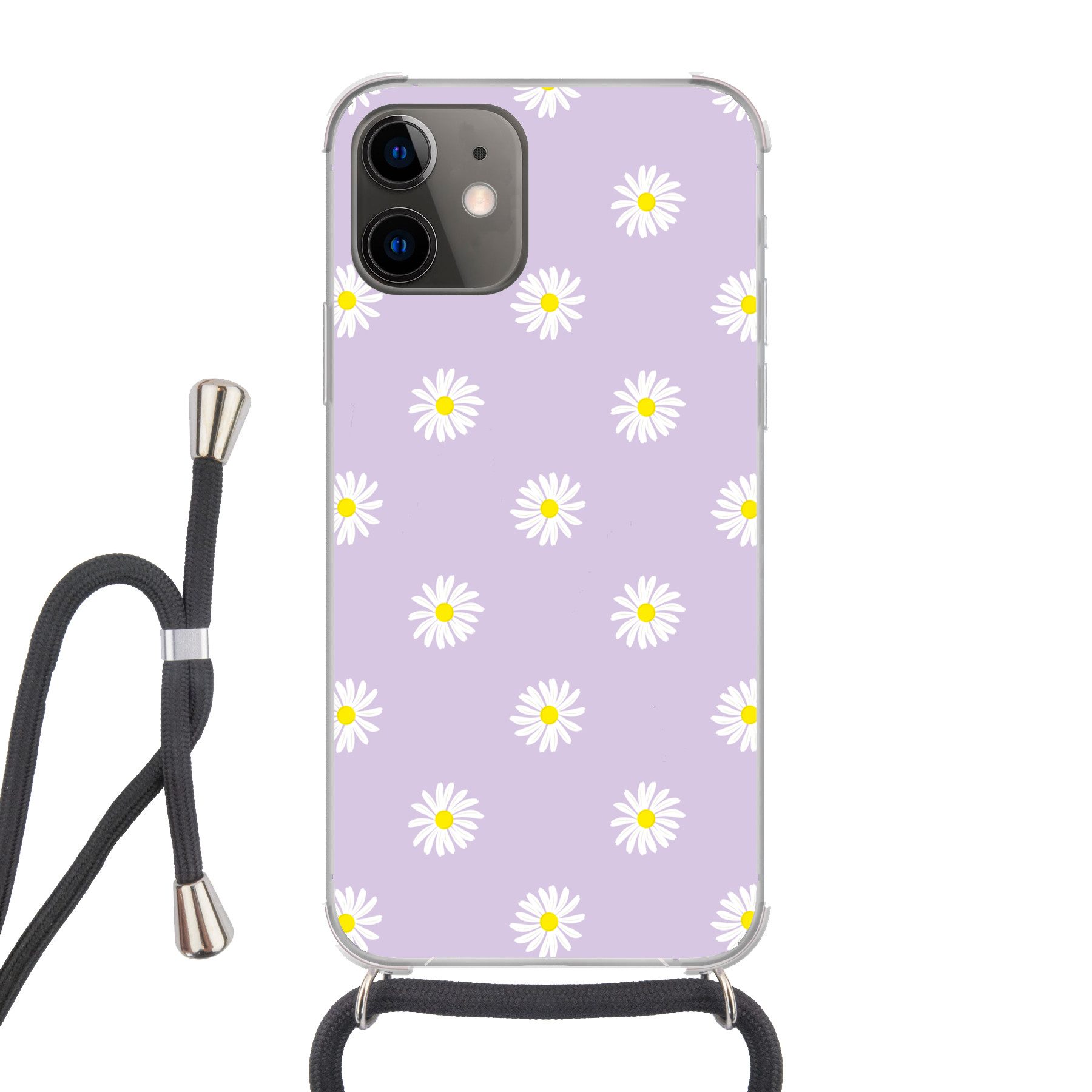 MuchoWow Handyhülle für Apple iPhone 12 Mini Gänseblümchen - Pastell - Weiß - Lila - Blume, Tragbare Handyhüllen mit Kette zum umhängen, Handykette Handyband