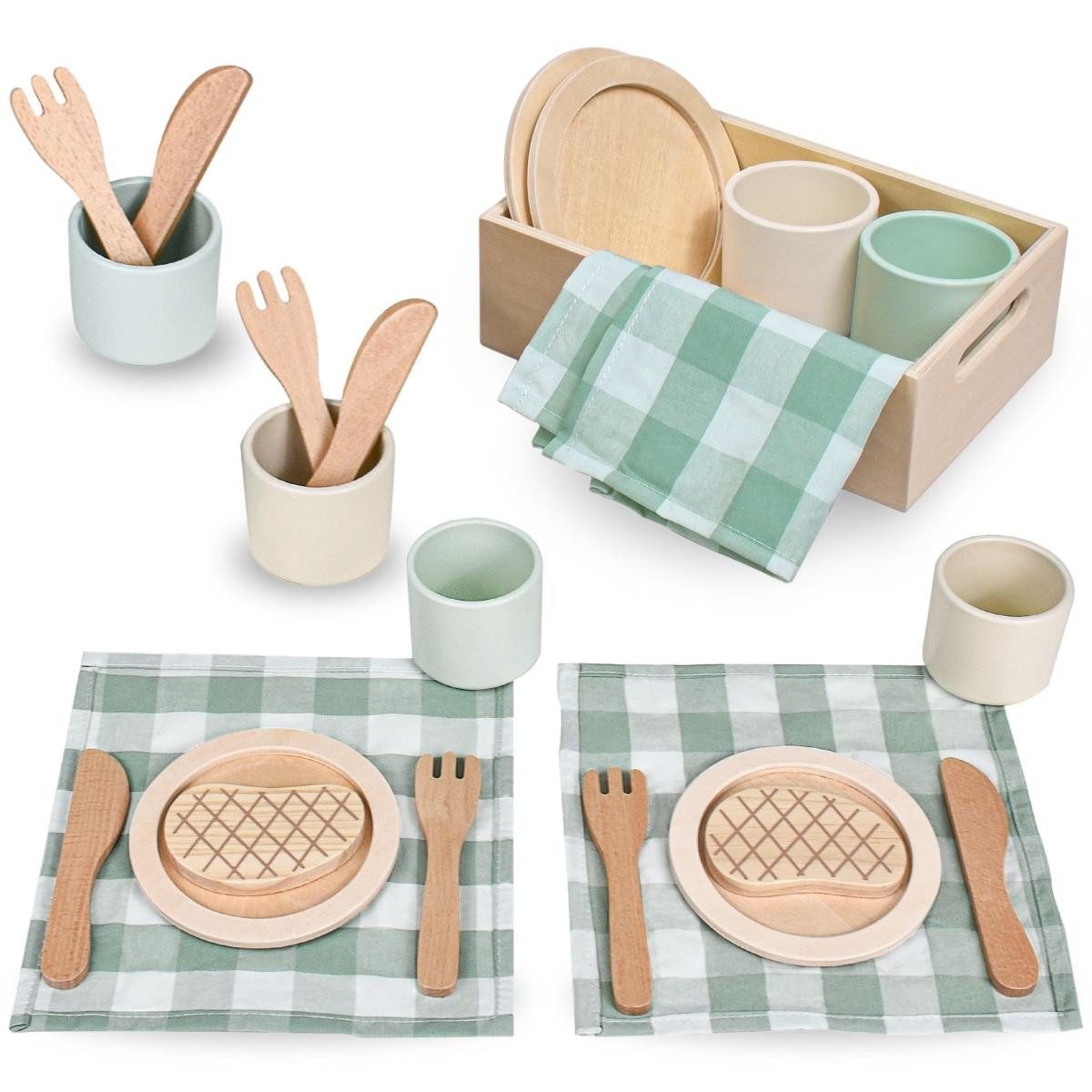 Mamabrum Kinder-Küchenset Kinderspielzeug Holz-Dinnerset mit grünen Unterla günstig online kaufen