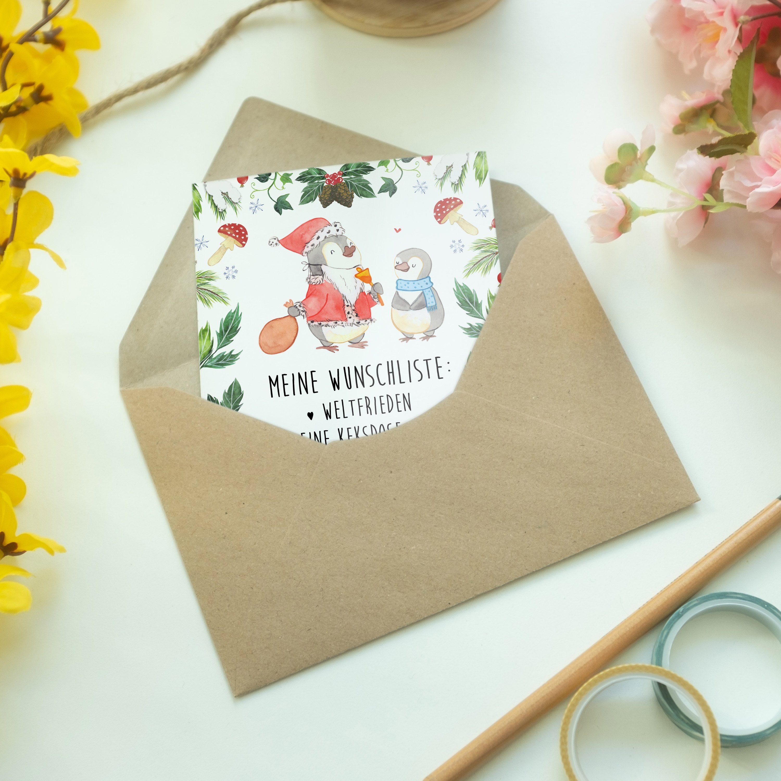 - Geschenk, Wunschliste & Panda Einladungskarte, Mr. Advent, - Hochz Pinguin Mrs. Weiß Grußkarte