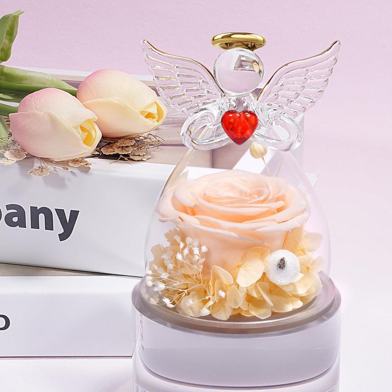 Trockenblume Figur Ewige Rose Schutzengel Geschenk Mama Freundin Oma Champagner, LuxusKollektion