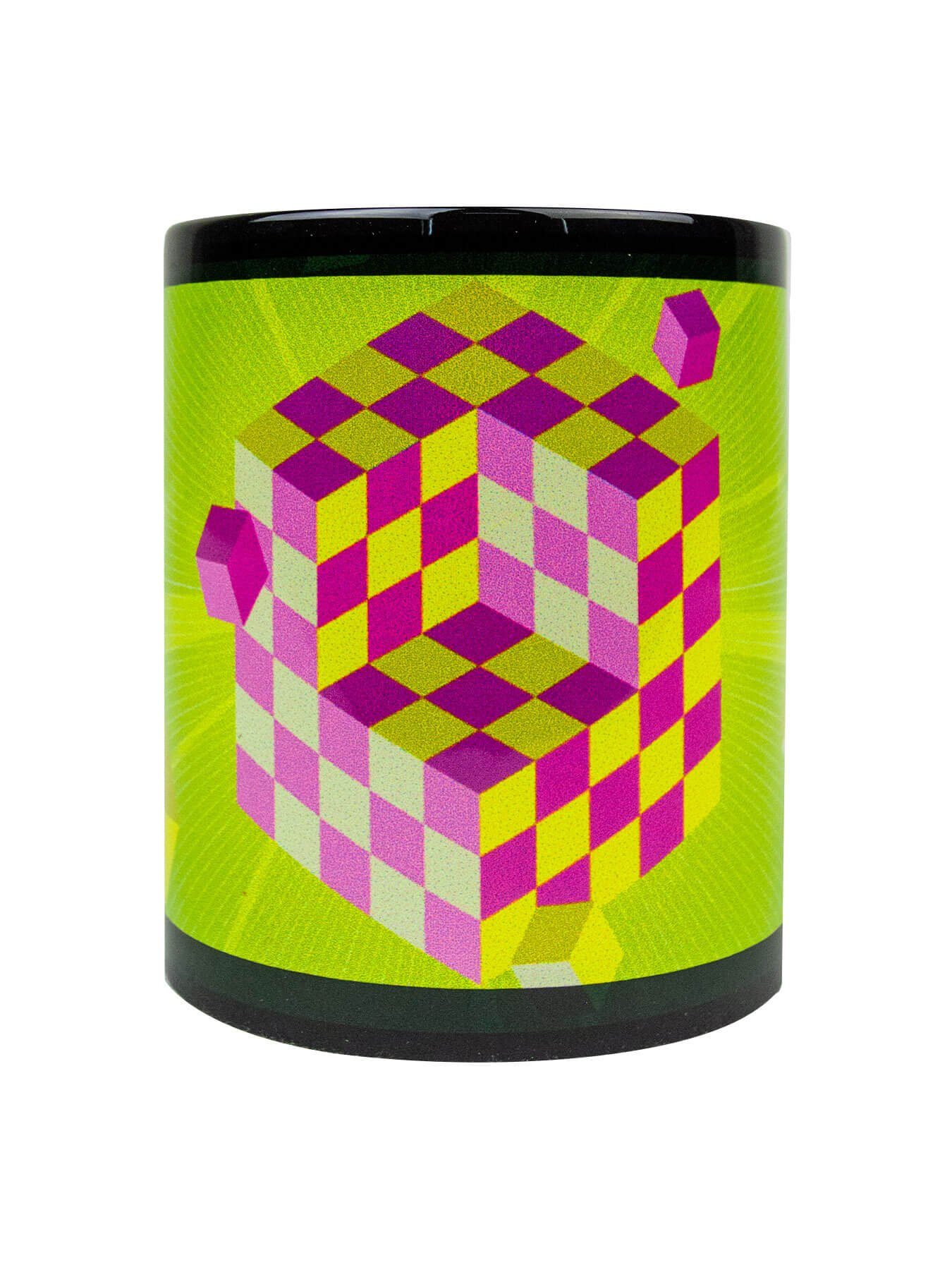 Neon Tasse Fluo Cube UV-aktiv, PSYWORK Tasse leuchtet Schwarzlicht "Slanted unter Cup Motiv Pink", Keramik,