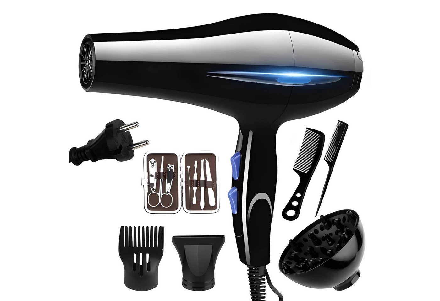 Athlix Haartrockner Föhn Haartrockner Ionen mit 3 Düsen Hairstyler, 2200 W, 2200W, 7x Nagelknipser, 2x Kämme