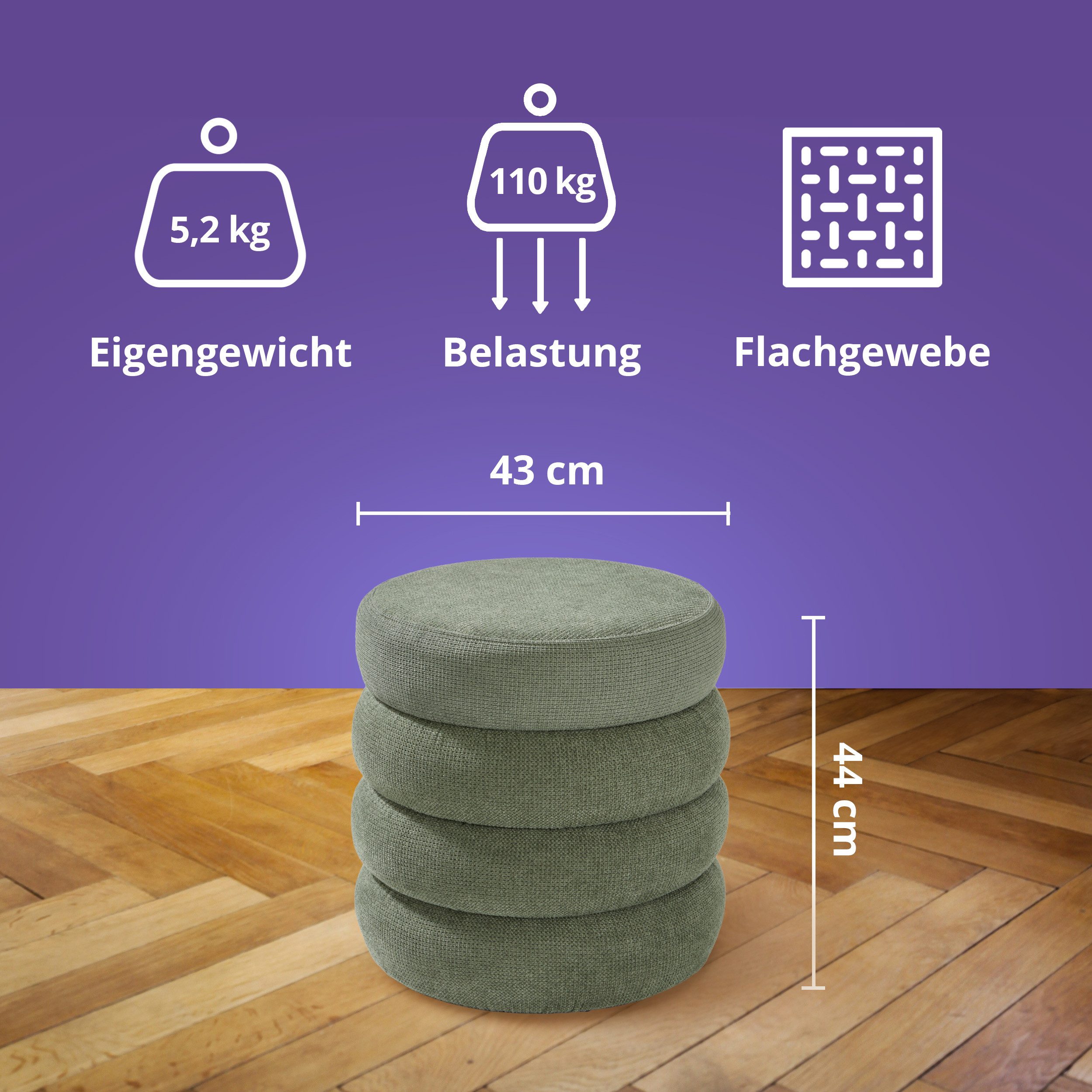 KHG Polsterhocker Sitzhocker mit Stauraum 43 x 43 cm, Webstoff Grün (Indoor-Hocker), Sitzfläche abnehmbar, Hocker mit Stauraum, bis 110 kg belastbar – Bild 2 von 5