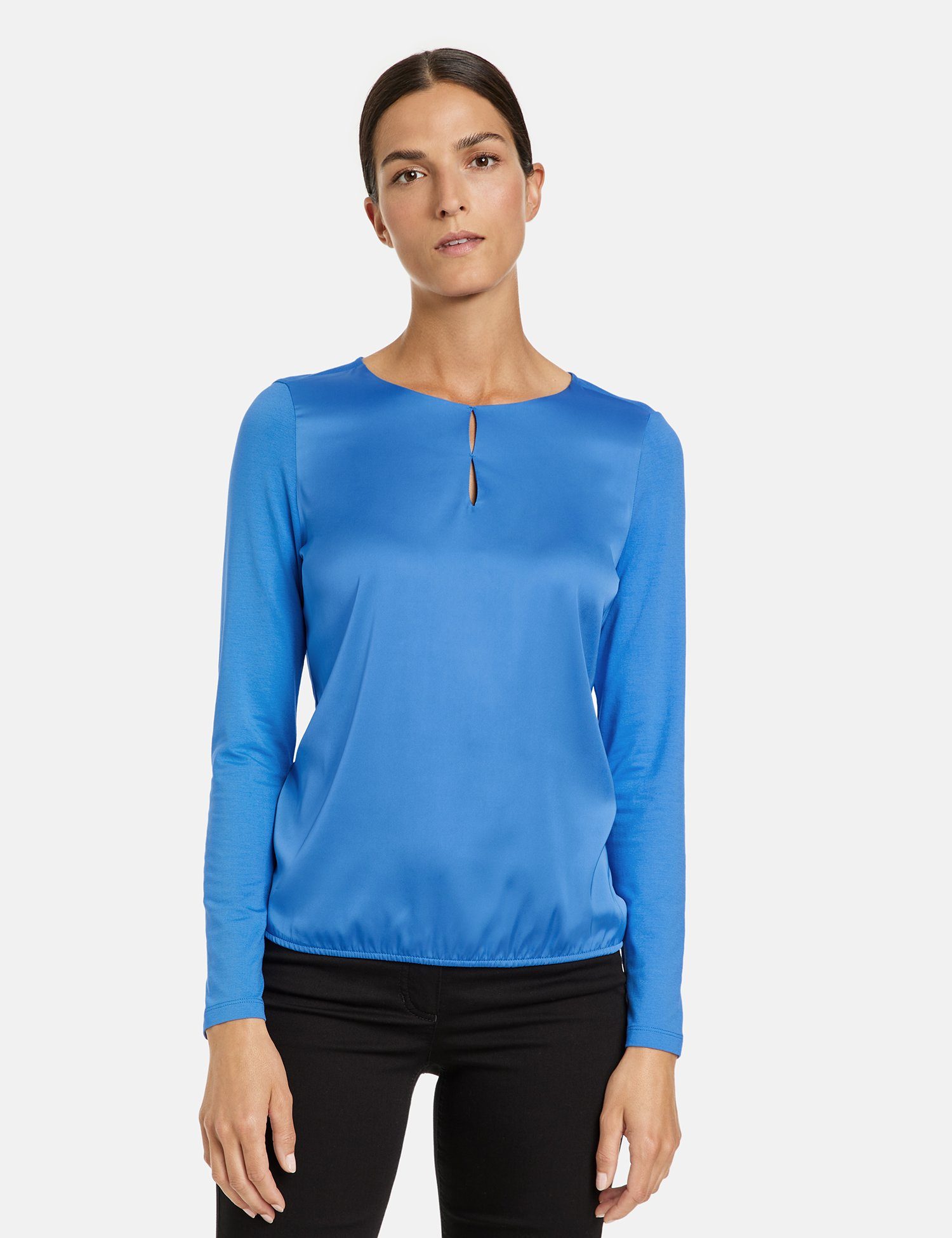 GERRY WEBER Langarmshirt Blusenshirt und Saum elastischem Blue mit Material-Patch Bright