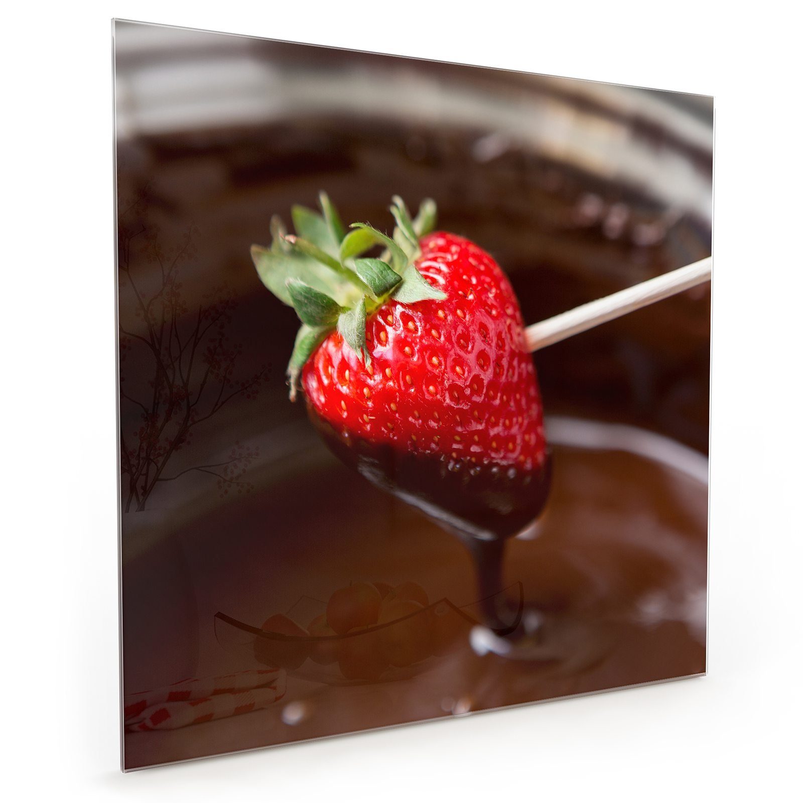 Primedeco Küchenrückwand Küchenrückwand Spritzschutz Glas mit Motiv Erdbeer in Schokolade