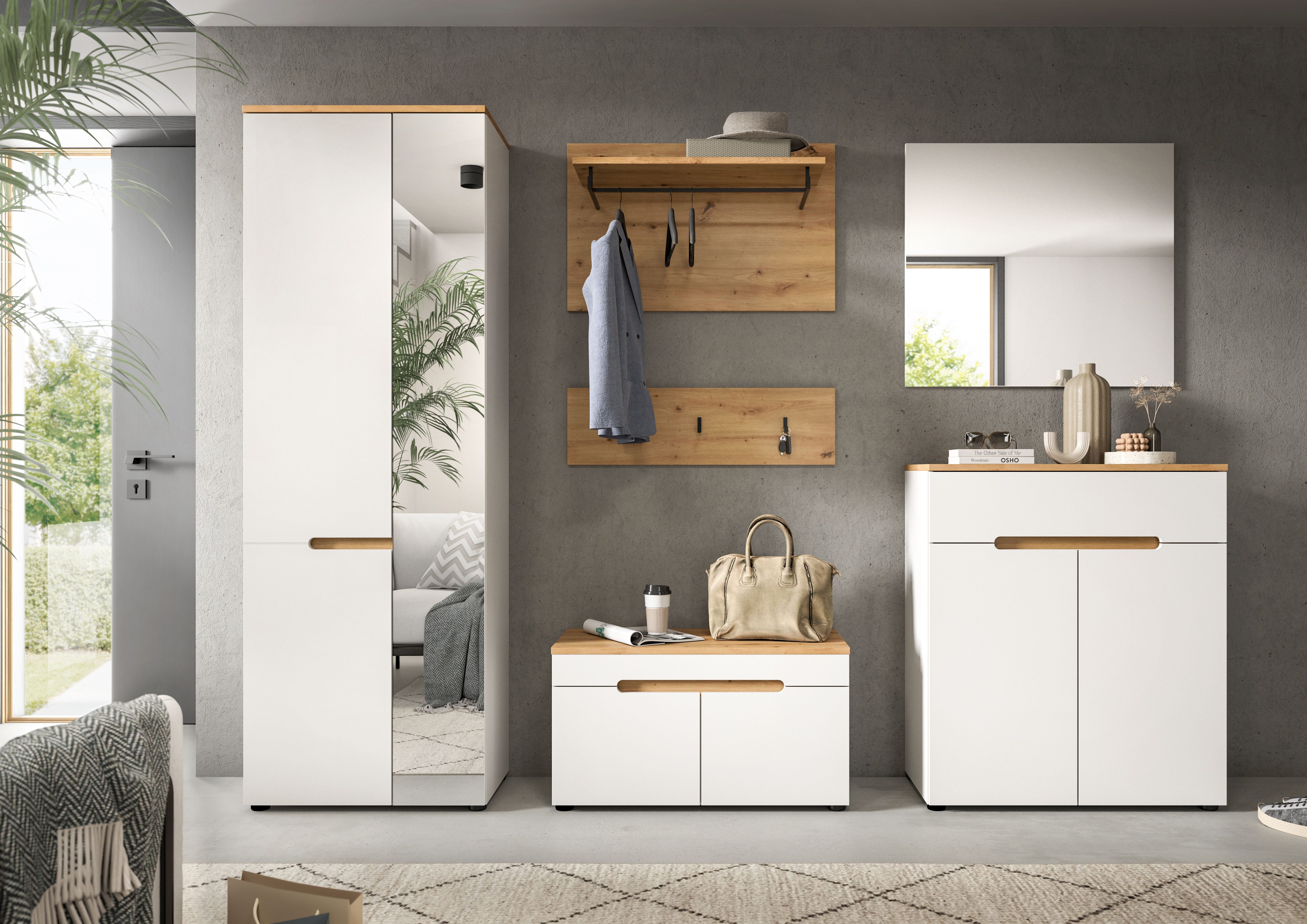 Home affaire Garderoben-Set Rehat, Garderobenkombination, Breite 255cm, (Set, 6-St., Garderobenschrank, Sitzbank, Paneel, Hakenleiste, Spiegel, Kommode), Garderobenkombination, Kombination, Set, Flurgarderobe, Diele