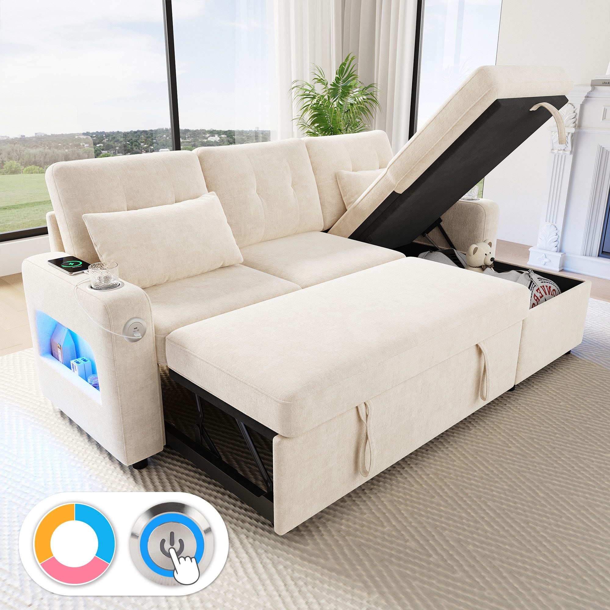 Merax Ecksofa mit LED‑Beleuchtung & USB, L-förmiges Sofa mit Schlaffunktion, multifunktionales Schlafsofa aus Chenille, für Wohnzimmer/Schlafzimmer 1 Teile, 3-Sitzer-Sofa mit Getränkehalter, Seitentaschen & verdeckten Stauraum