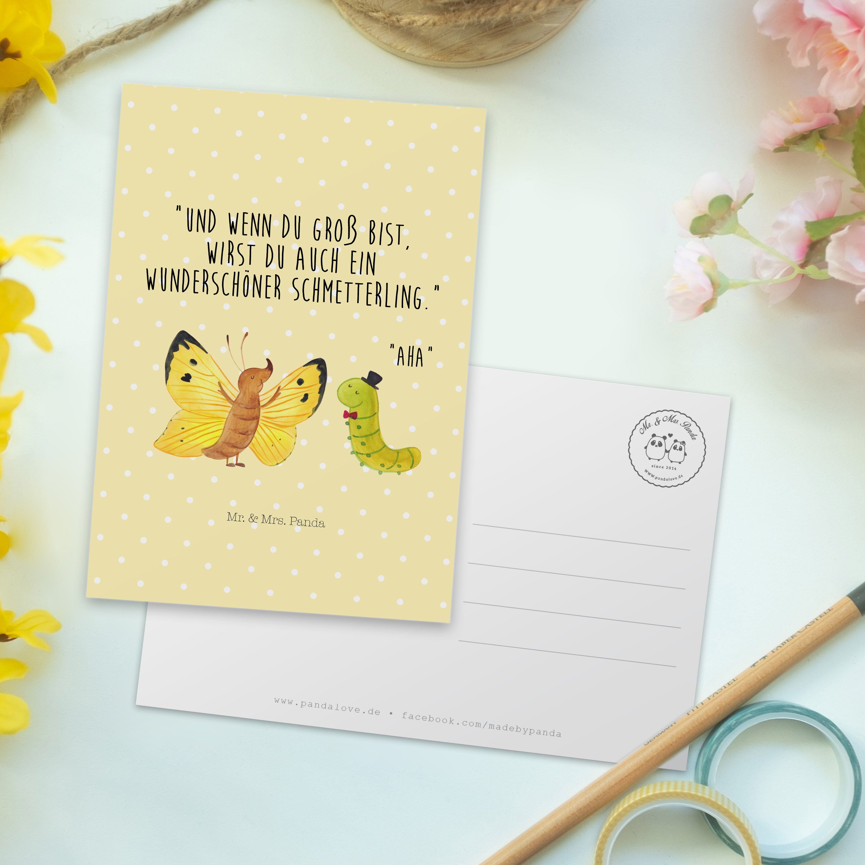 Mr. & Postkarte & Gelb Schmetterling Mrs. Panda Raupe - Erwachsen Geschenk, Pastell - Einladung