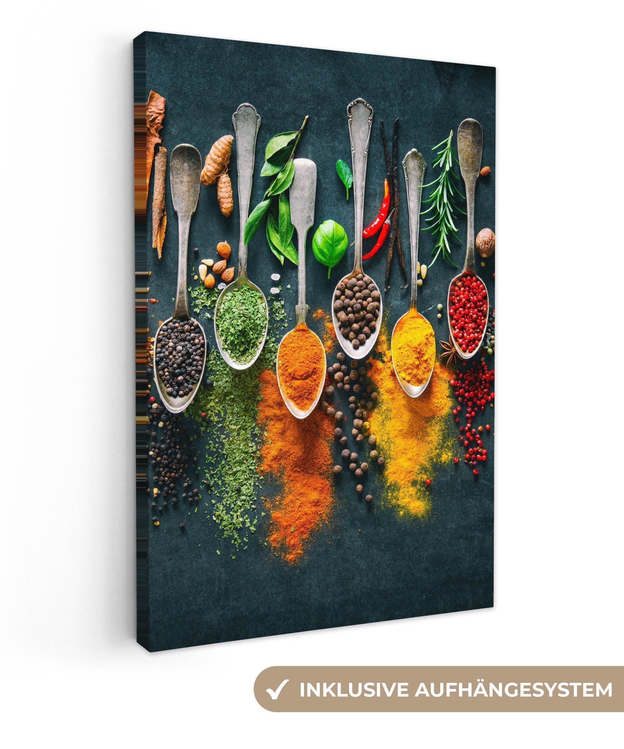 OneMillionCanvasses® Leinwandbild Löffel - Gewürze - Farbenfroh - Gewürze, Fotodruck (1 St), Wandbilder für Esszimmer, Wanddeko Bilder Küche, 20x30 cm