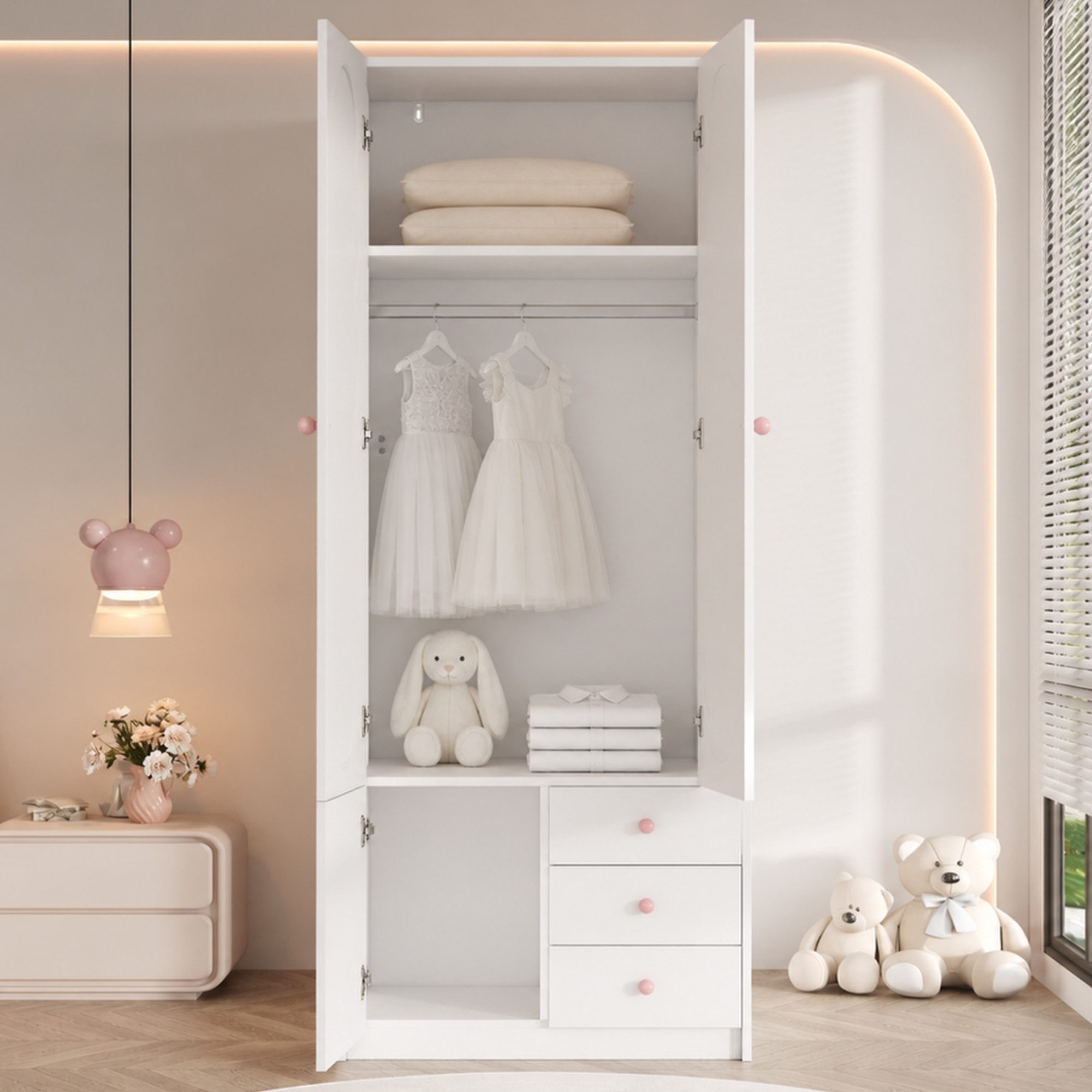 HAUSS SPOLE Kleiderschrank 1st.Kinderzimmermöbel mit Kleiderstange und rosa Keramikgriffe,Weiß (Mehrzweck-Schrank Kinderkleiderschrank mit Schubladen für Schlafzimmer, 1-St) Rosa Keramikgriff-Gestaltung