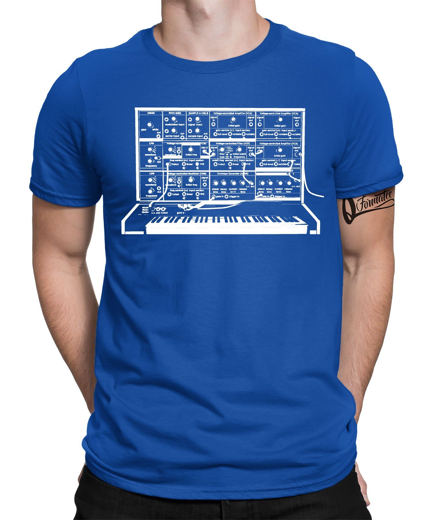 - Formatee Blau Synthesizer T-Shirt Musiker Vintage Kurzarmshirt Quattro (1-tlg) Herren Elektronische