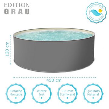 Paradies Pool Rundpool, EDITION GRAU Stahlwandpool rund 450x120cm Platin Tiefbecken