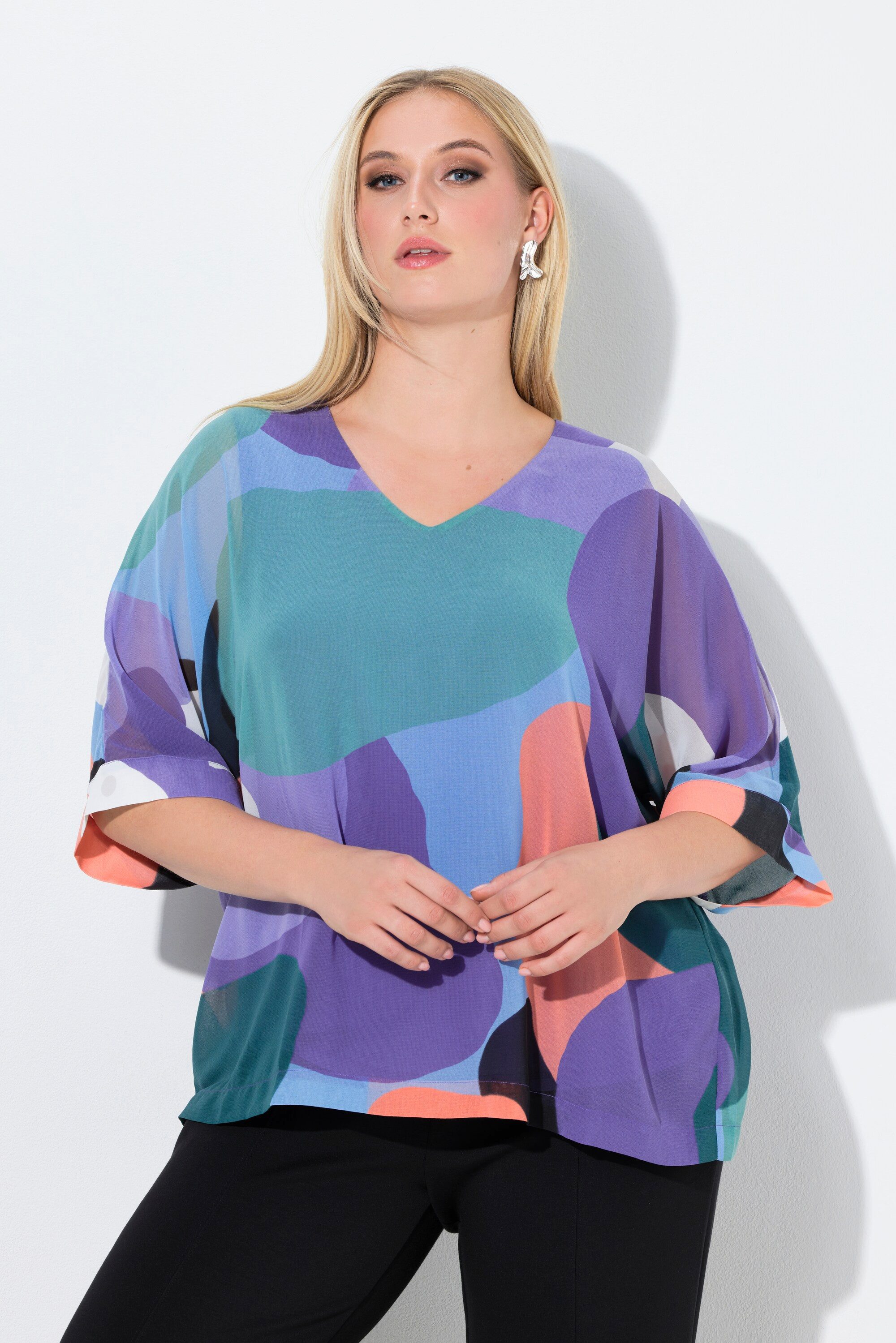 Ulla Popken Tunika Tunika doppellagig V-Ausschnitt 3/4-Arm günstig online kaufen