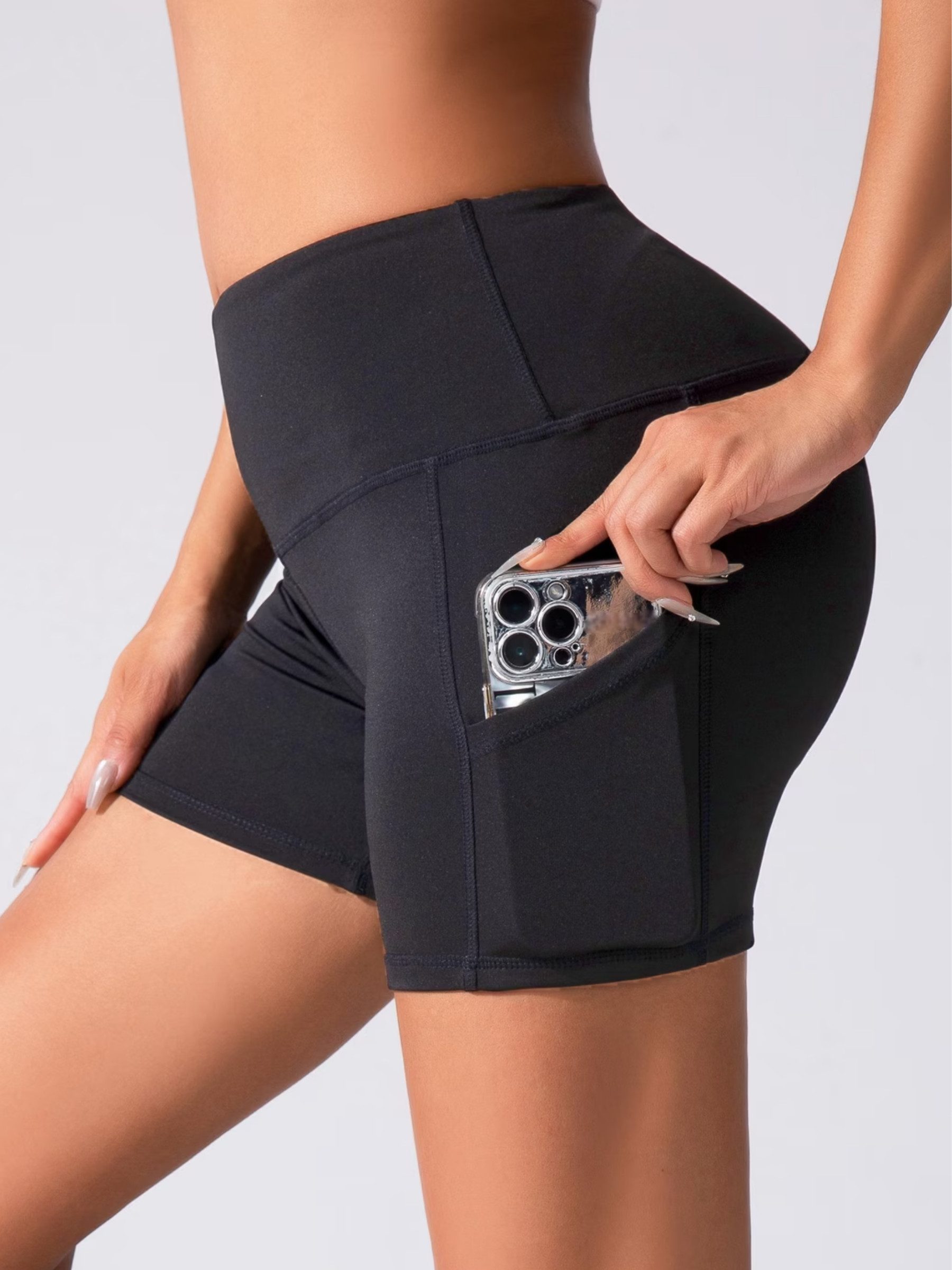 FemmeTone Yogashorts Sportshorts Damen High-Waist mit Handytaschen für Yoga & Fitness Figurbetonte Workout-Shorts mit Bauch-weg-Effekt