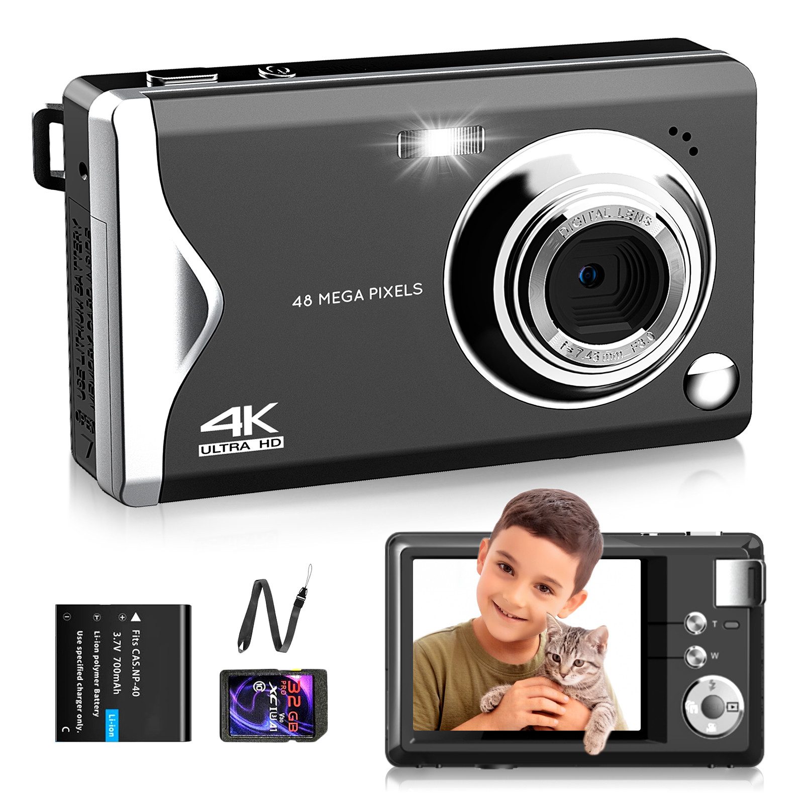 FANNOU Digitalkamera, 48MP 1080P FHD Fotokamera mit 3,0 Zoll Bildschirm Kompaktkamera (16X Digitalzoom Tragbar Kompaktkamera, mit 32GB TF-Karte)