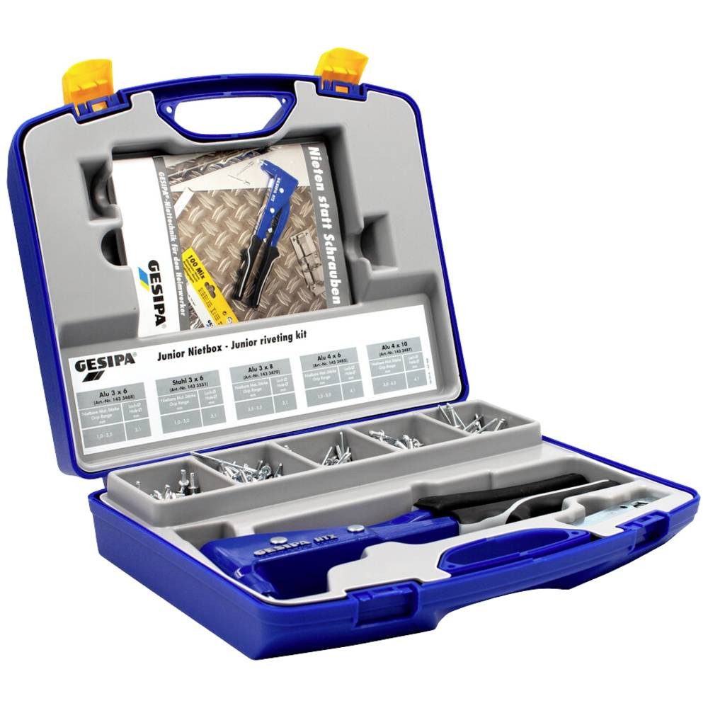 GESIPA Blindnietzange Junior Nietbox mit Standard-Blindnieten 1435459, Inkl. Kunststoffkoffer